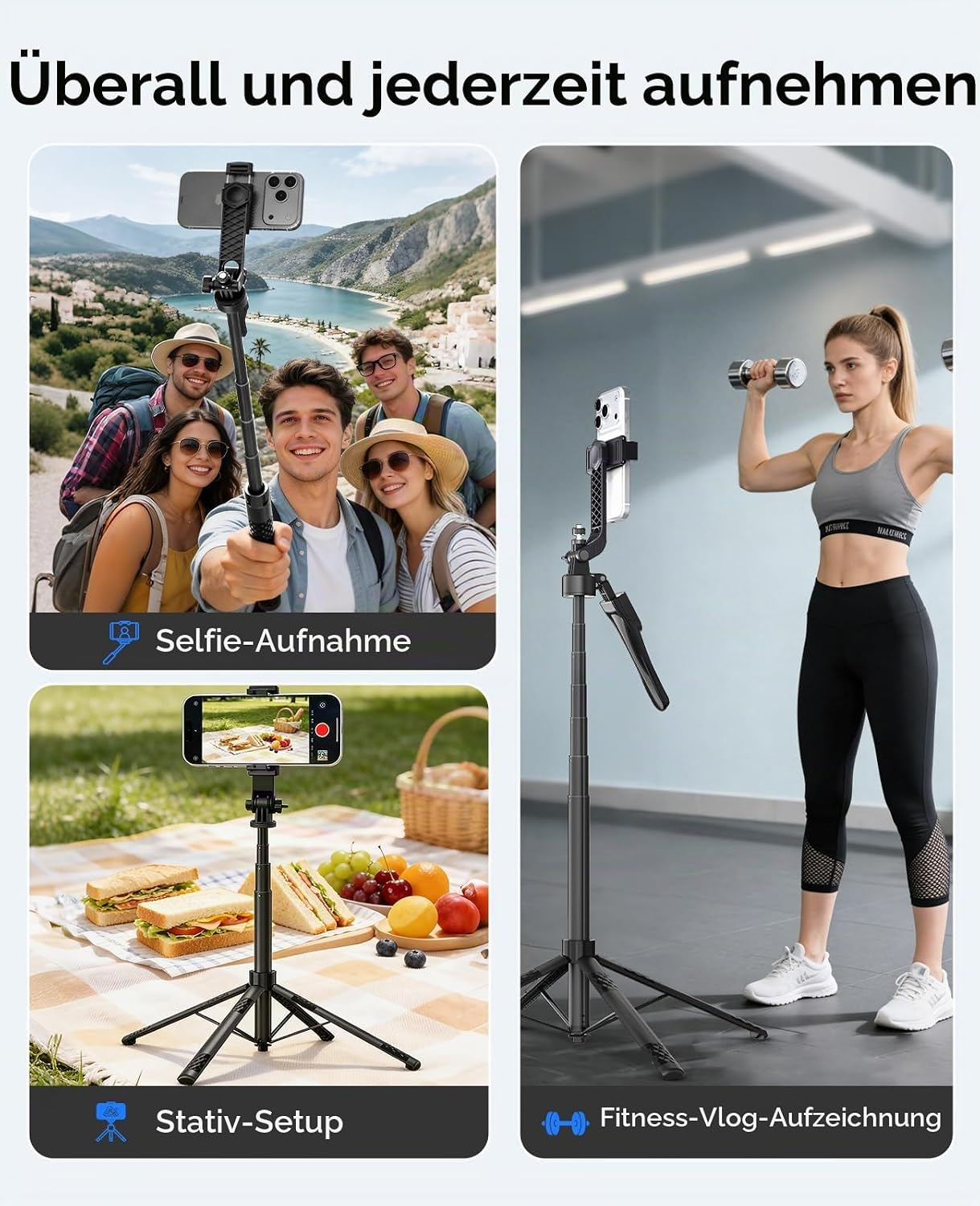 Ein vielseitiges Smartphone-Stativ wird für Outdoor-Selfies, Picknicks und Fitness-Vlogs verwendet.