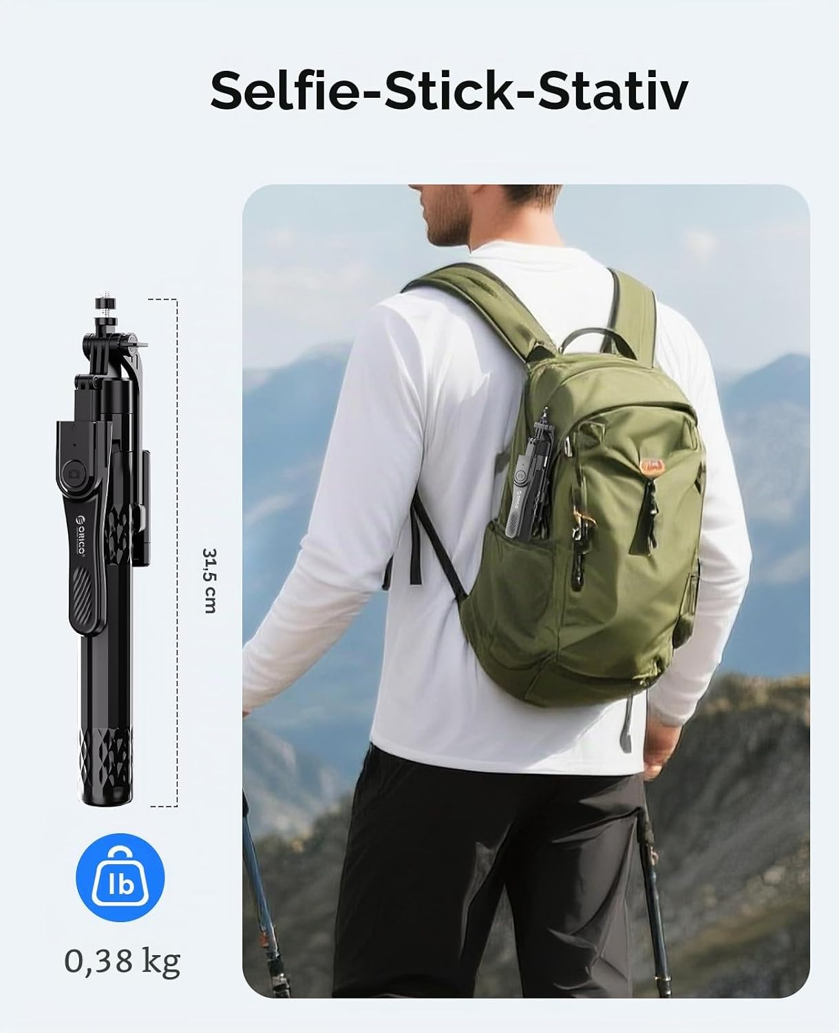 Wanderer mit grünem Rucksack und Selfie-Stick, daneben technische Details und das Gewicht von 0,38 kg.