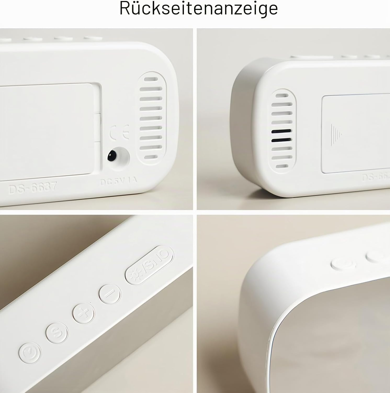 Vier Detailaufnahmen einer weißen Digitaluhr mit Anschlüssen, Knöpfen und Display.