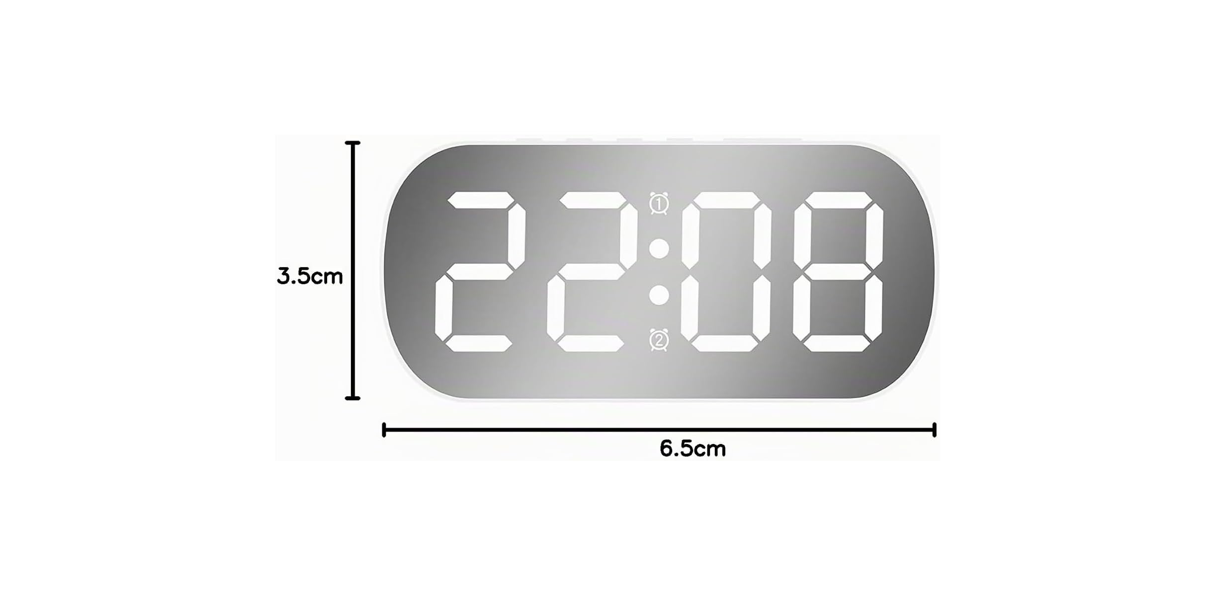 Digitale Weckuhr mit abgerundeten Ecken, Maße 6,5 cm mal 3,5 cm, zeigt die Uhrzeit 22:08 an.