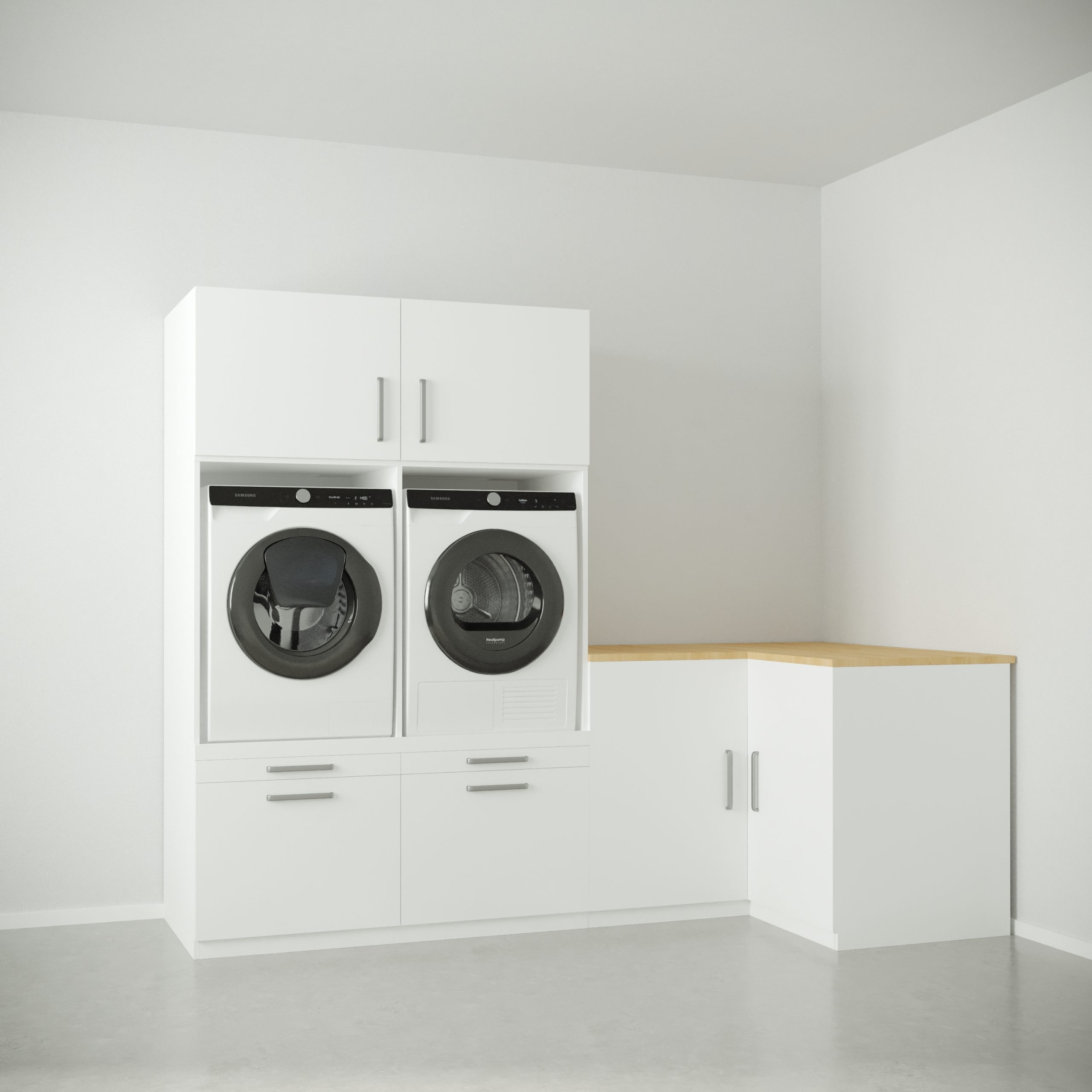 Moderne weiße Waschküche mit Waschmaschine, Trockner, Oberschränken und holzfarbener Arbeitsplatte.