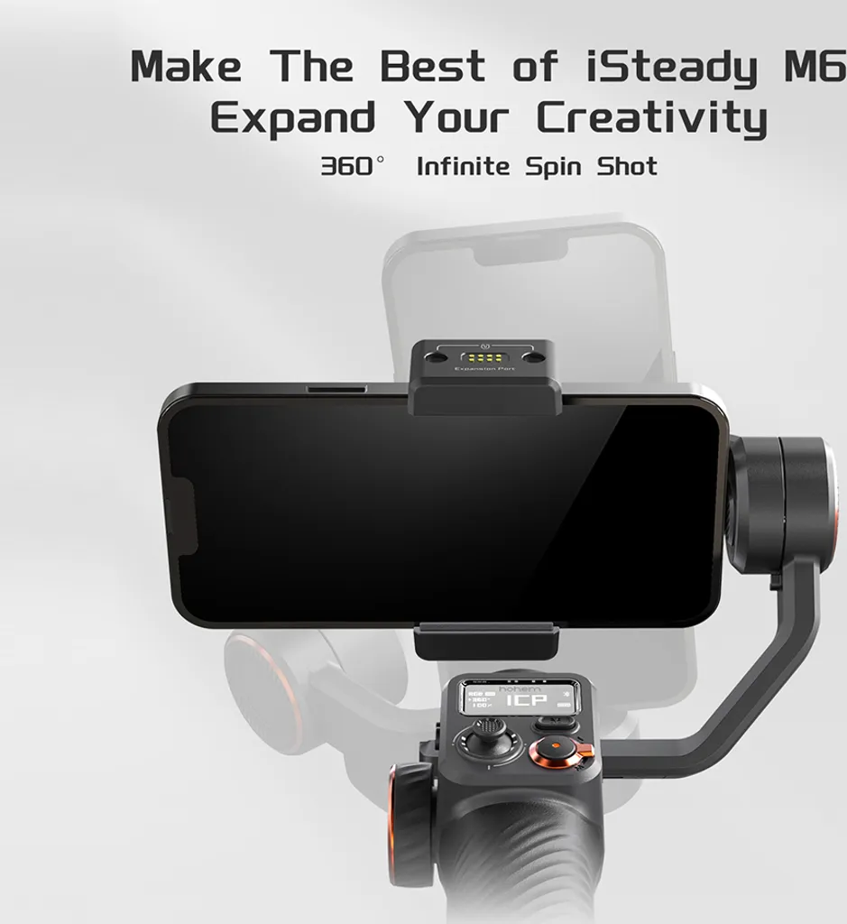 Ein Smartphone im schwarzen iSteady M6 Gimbal mit Display und Steuerungselementen auf einem hellen Hintergrund.