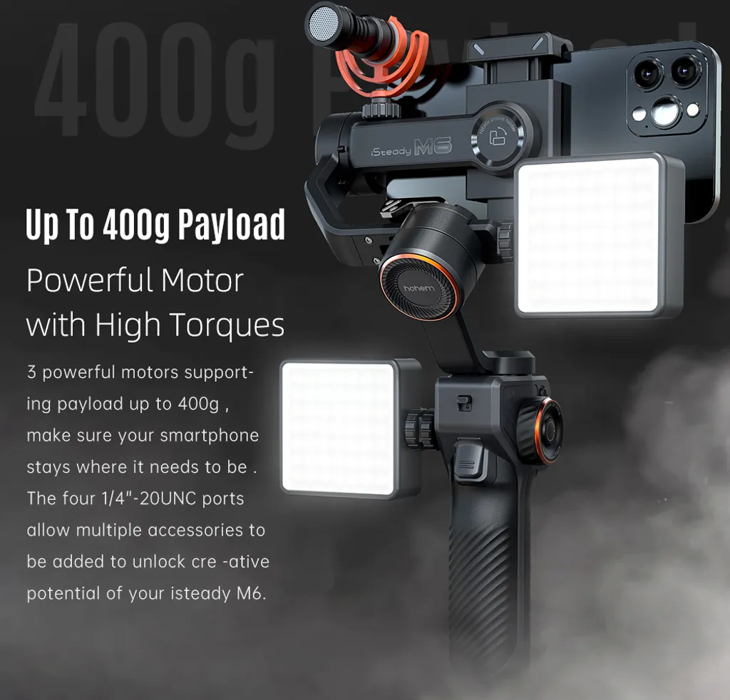 Smartphone-Gimbal mit zwei LED-Lichtern, Mikrofon und Text im Hintergrund.