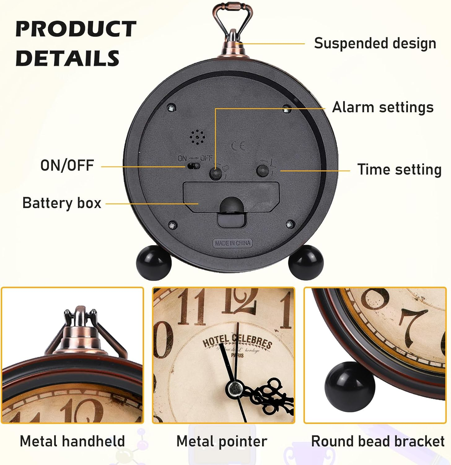 Produktdetails eines Weckers mit Angaben zu Aufhängung, Alarmeinstellung, Zeiteinstellung, Batterie und Metallteilen.