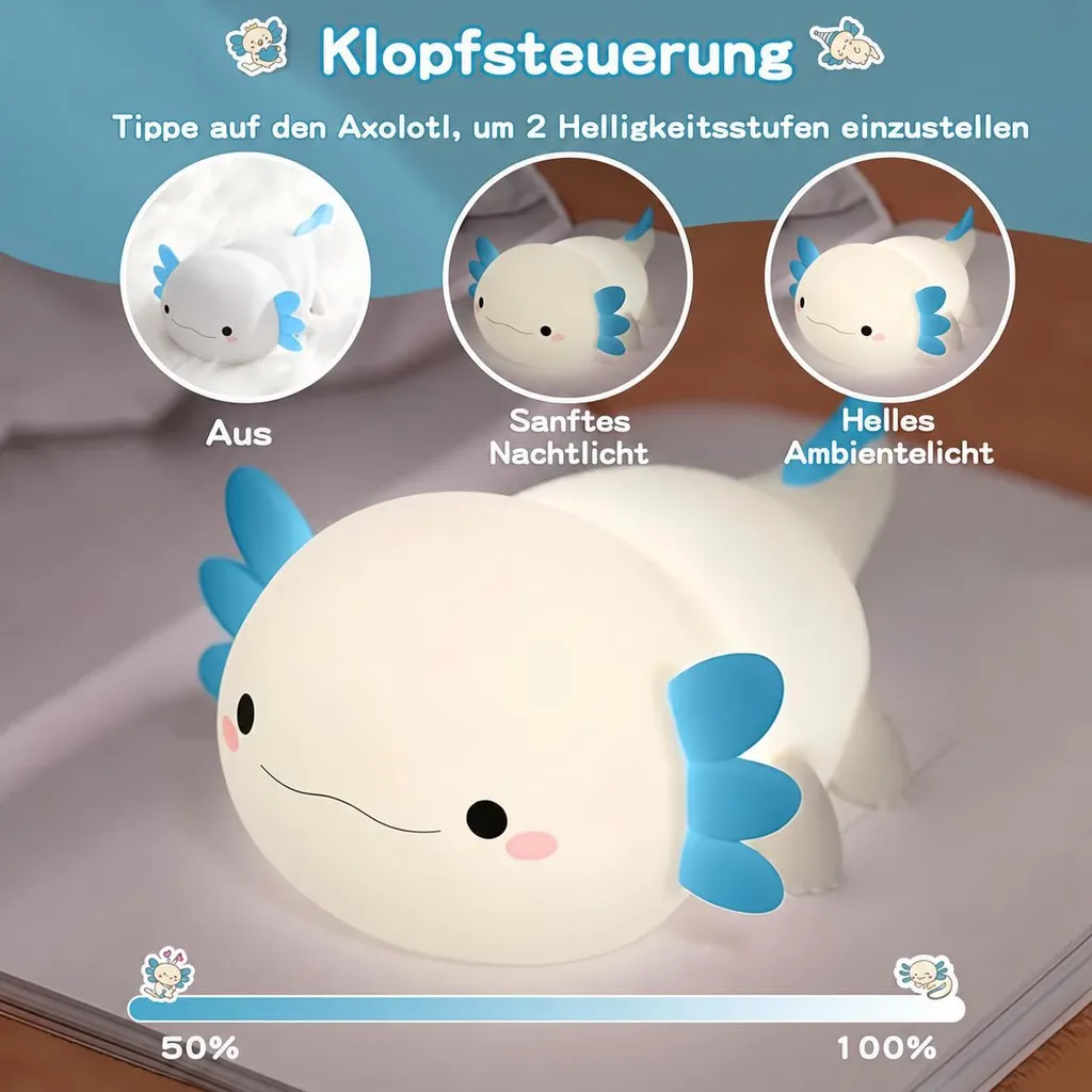 Ein weißer Axolotl-Nachtlicht mit blauen Kiemen zeigt drei Helligkeitsstufen: Aus, Sanft und Hell.