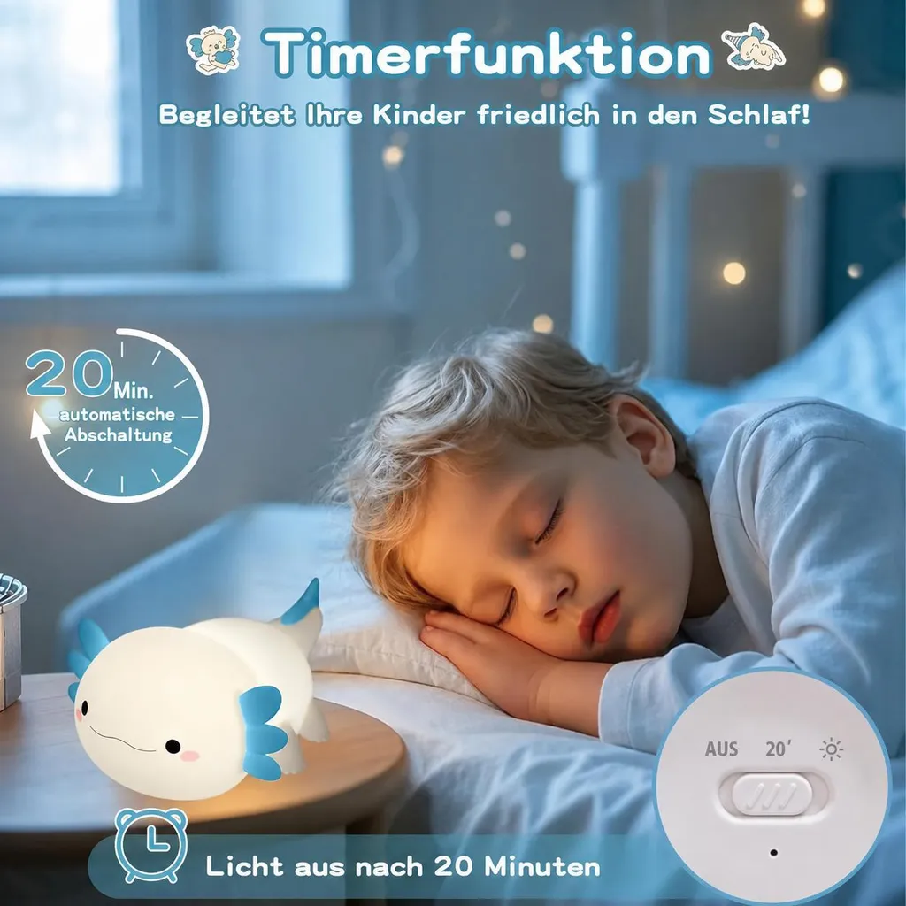Ein Kind schläft friedlich im Bett, neben ihm leuchtet eine axolotlförmige Lampe mit 20-Minuten-Timer.