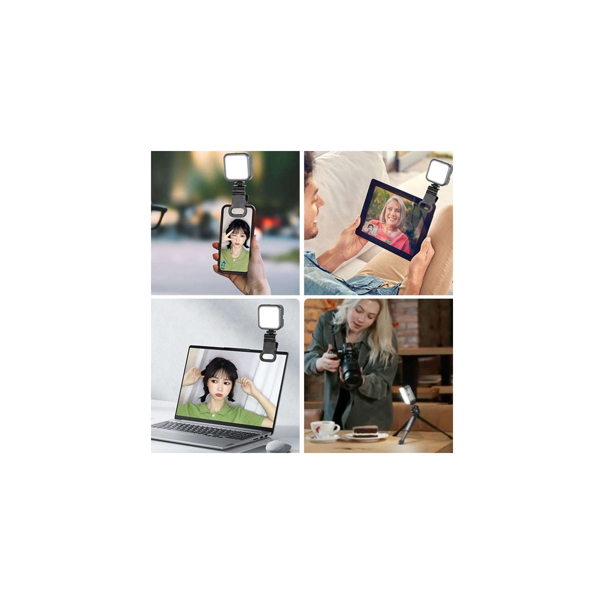 Vier Bilder zeigen eine kompakte Clip-Beleuchtung im Einsatz an Smartphone, Tablet, Laptop und auf einem Stativ.