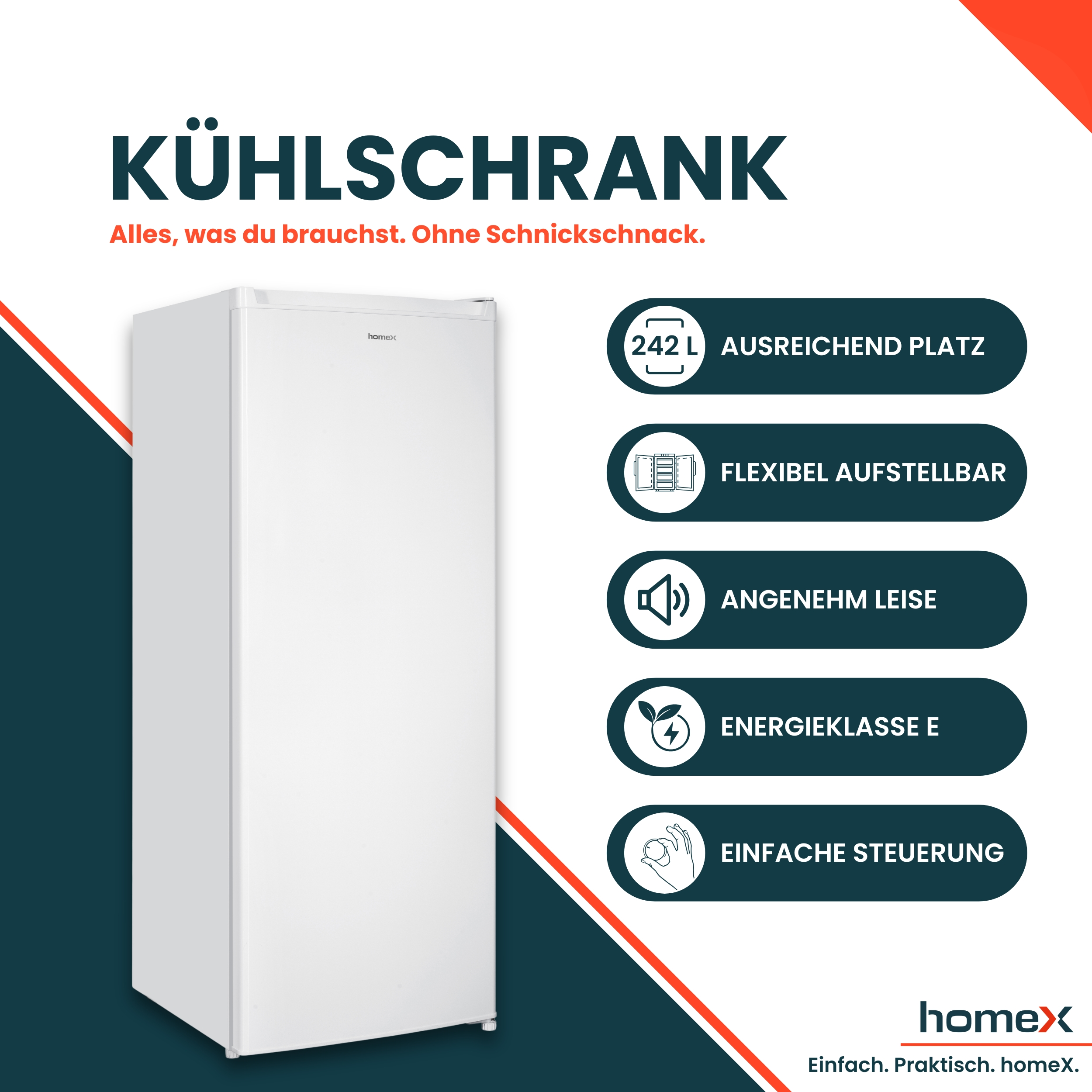Werbebild für einen weißen Homex Kühlschrank mit fünf Feature-Icons rechts.