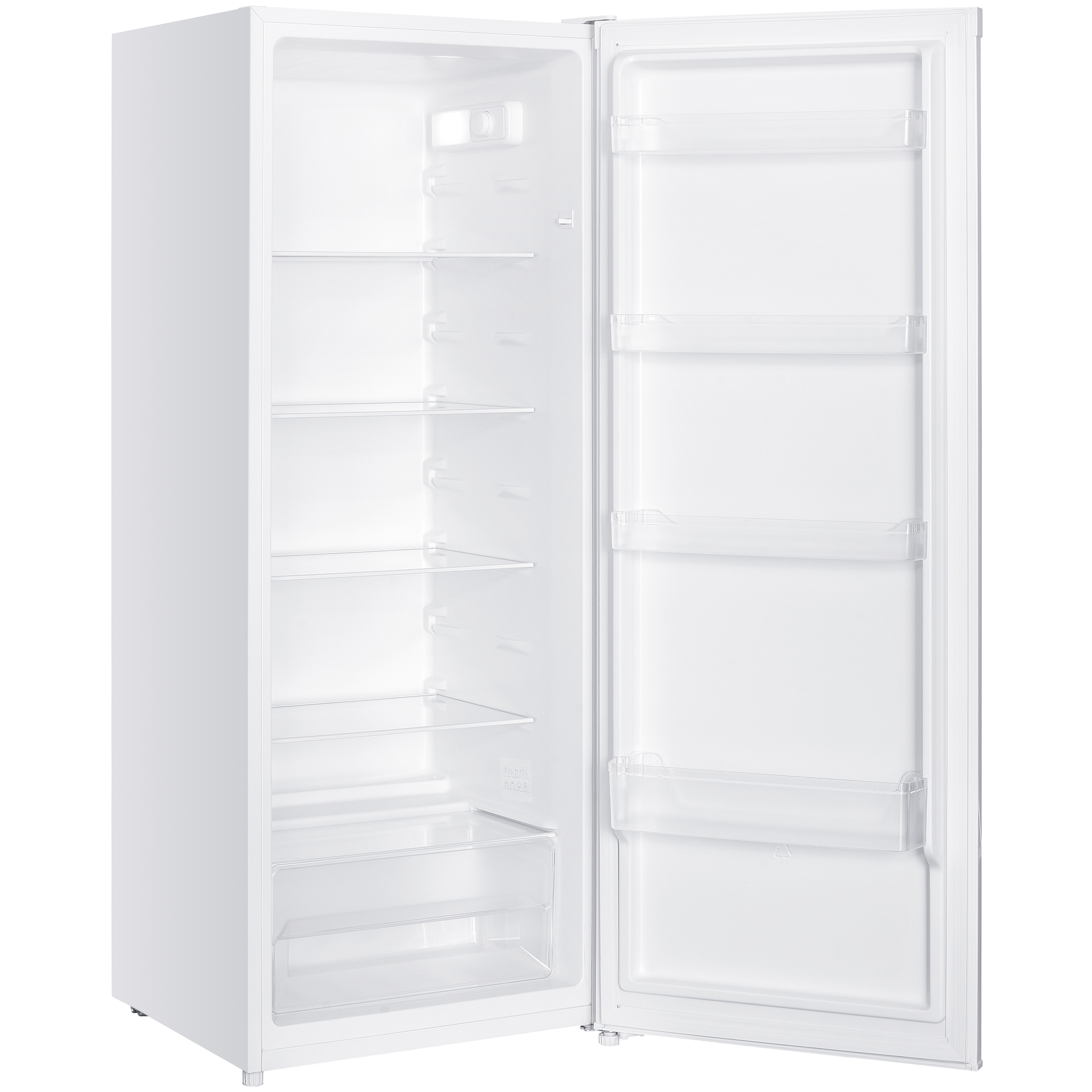 Ein offener weißer Kühlschrank mit Glasregalen und Türfächern gegen weißen Hintergrund.