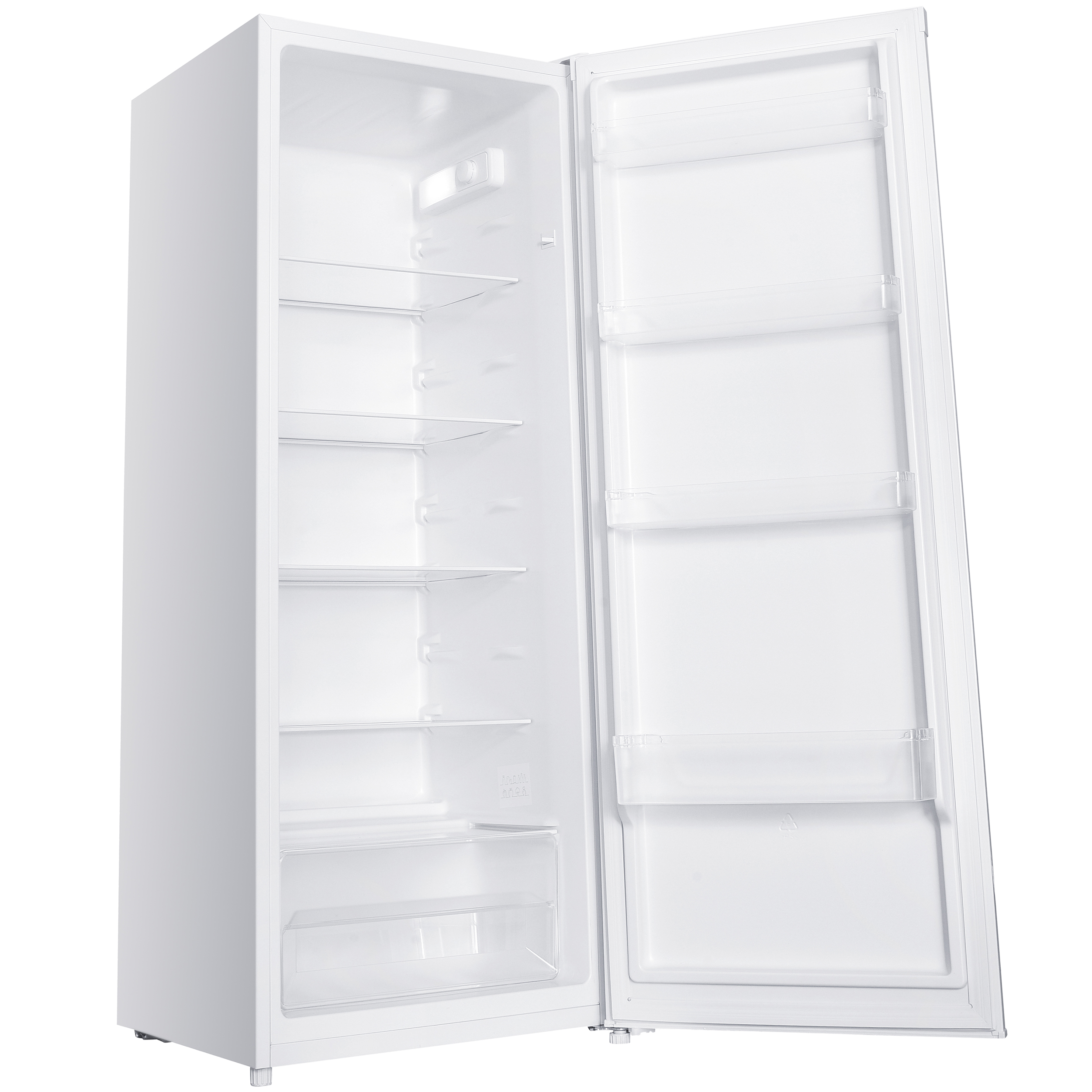 Ein offener weißer Kühlschrank mit leeren Glasböden und Türfächern.