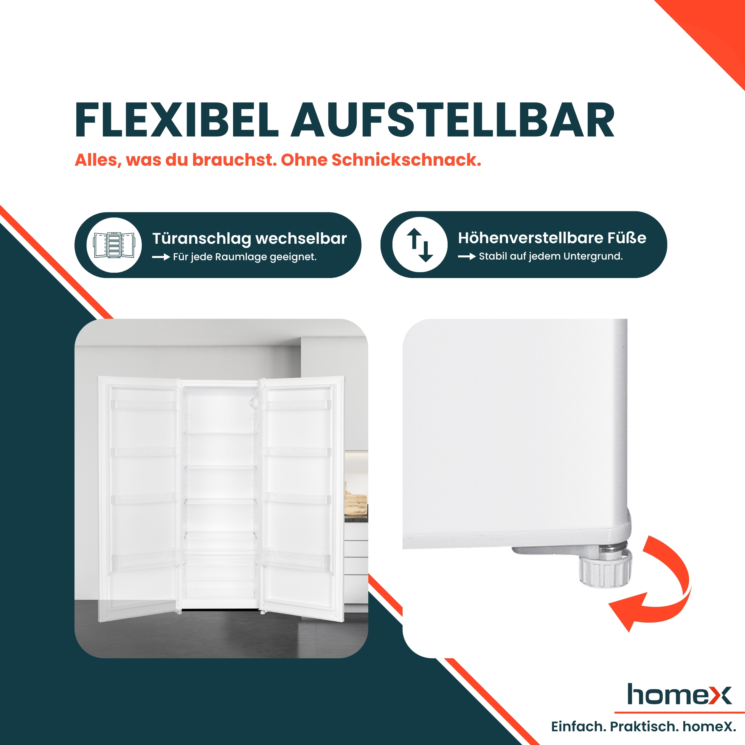 Produktgrafik mit flexiblen Funktionen: wechselbarer Türanschlag und höhenverstellbare Füße für ein weißes Gerät.