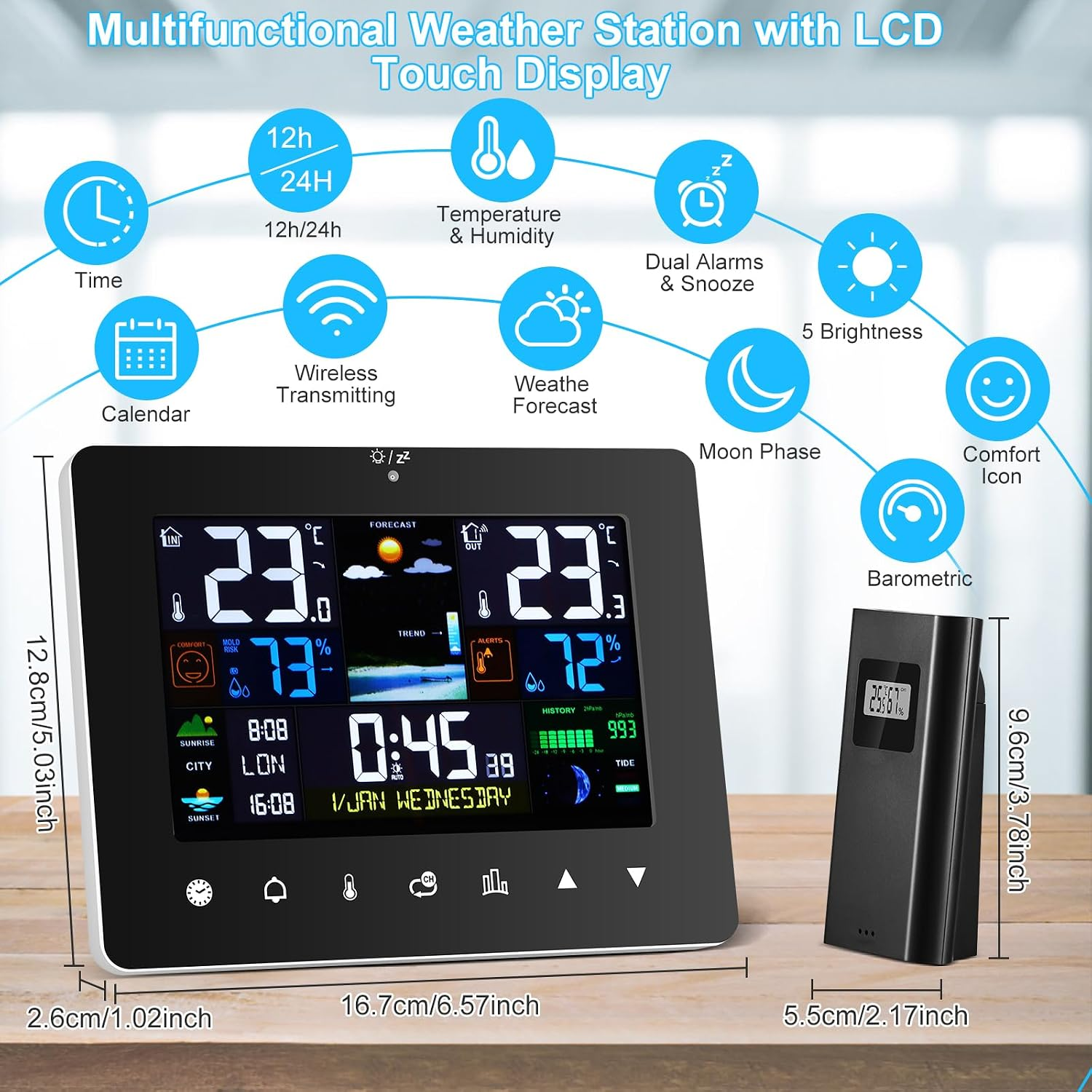 Digitale Wetterstation mit LCD-Touch-Display, Funksender und Infografiken zu Temperatur, Feuchtigkeit und Zeit.