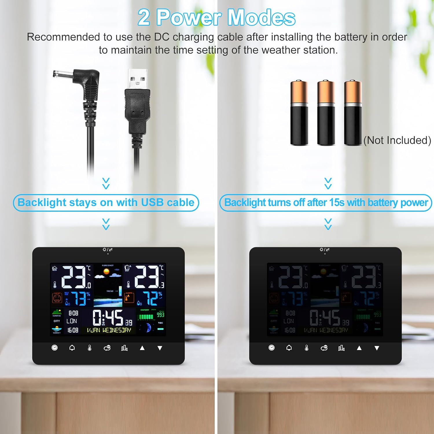 Wetterstationsvergleich: USB-Kabel lässt Display an, Batterie schaltet es nach 15s aus.