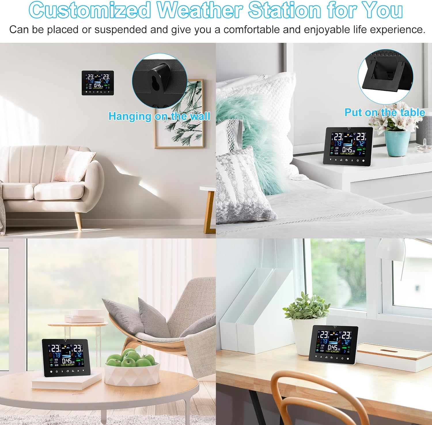 Eine digitale Wetterstation, die an der Wand hängt oder auf dem Tisch steht.