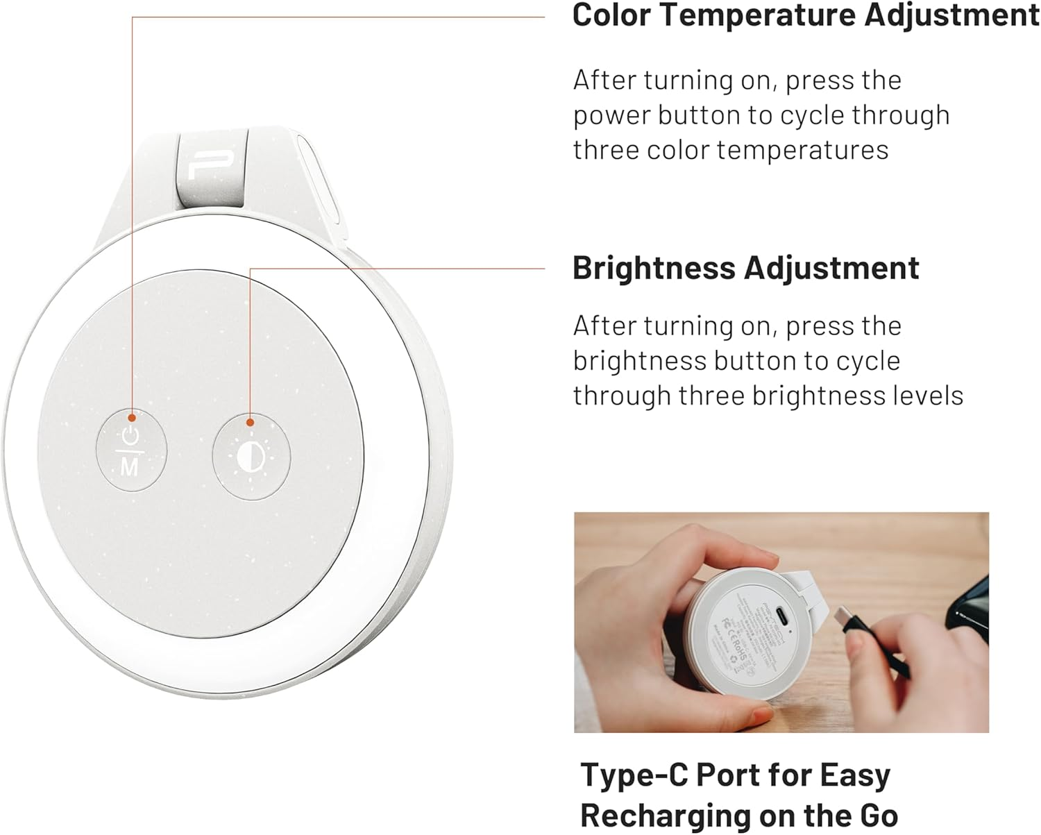Anleitung für Farbtemperatur, Helligkeit und USB-C-Ladeanschluss des weißen Geräts.