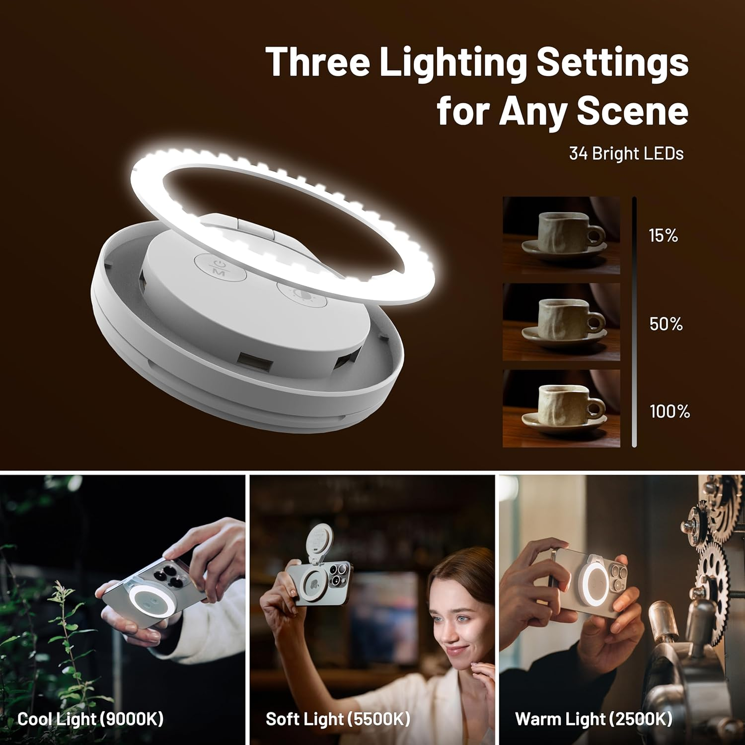 Ein weißer Ringleuchter für Smartphones mit drei Beleuchtungseinstellungen und Helligkeitsstufen.