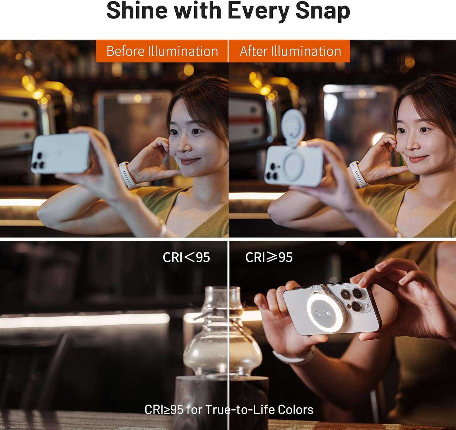 Vergleich einer Frau, die Fotos mit und ohne Ringlicht am Telefon macht, um den Lichteffekt zu zeigen.