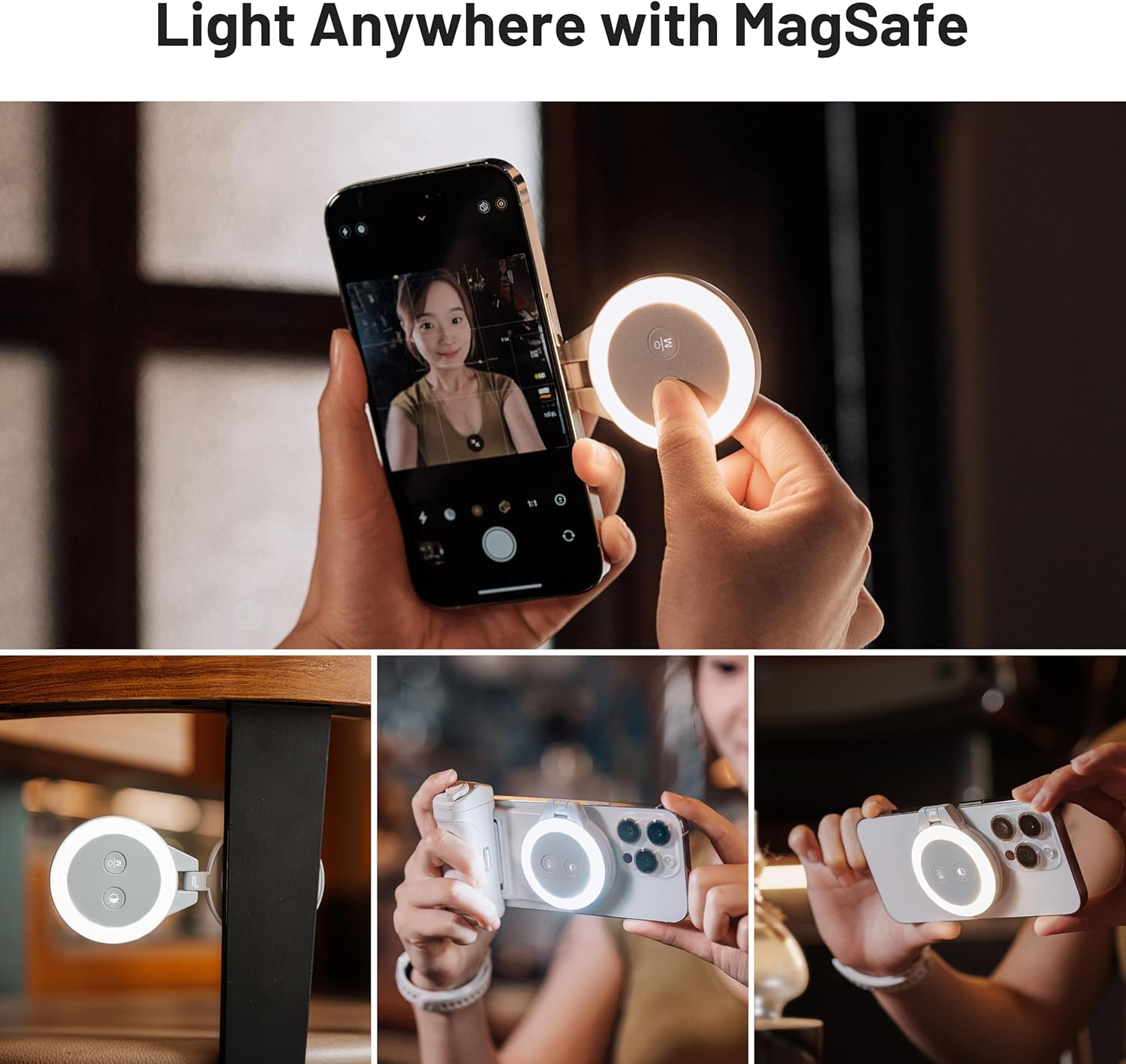 Eine Hand hält ein Smartphone mit MagSafe-Ringleuchte für perfekte Beleuchtung in jeder Situation.