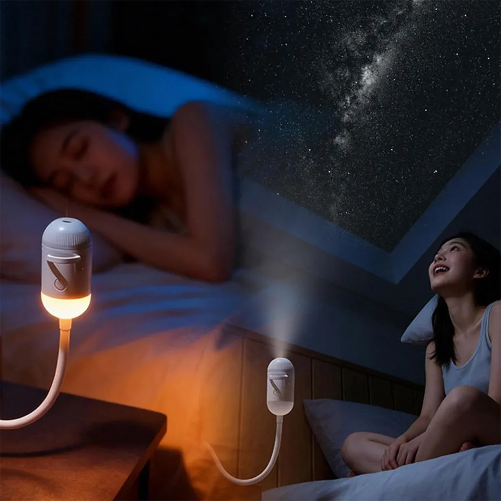 Eine Frau schaut auf eine Sternendecke, die von einer flexiblen Lampe projiziert wird.