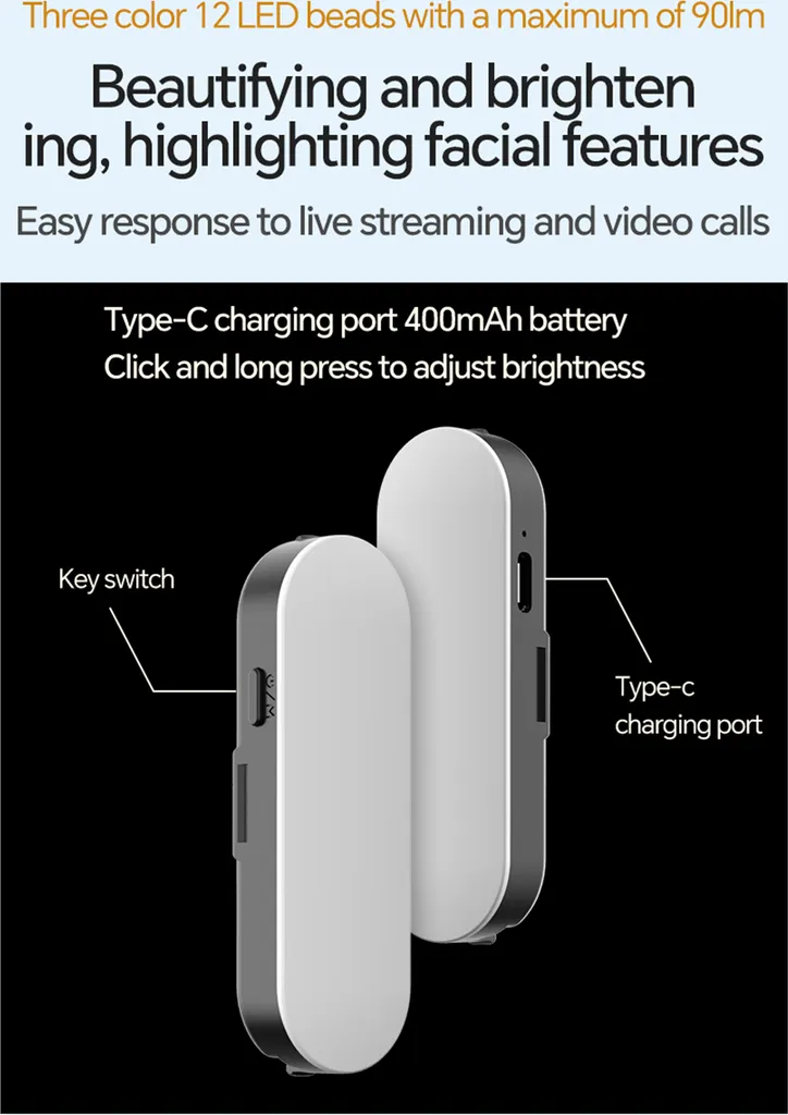 Zwei ovale LED-Leuchten mit Key-Switch und Type-C-Ladeanschluss.