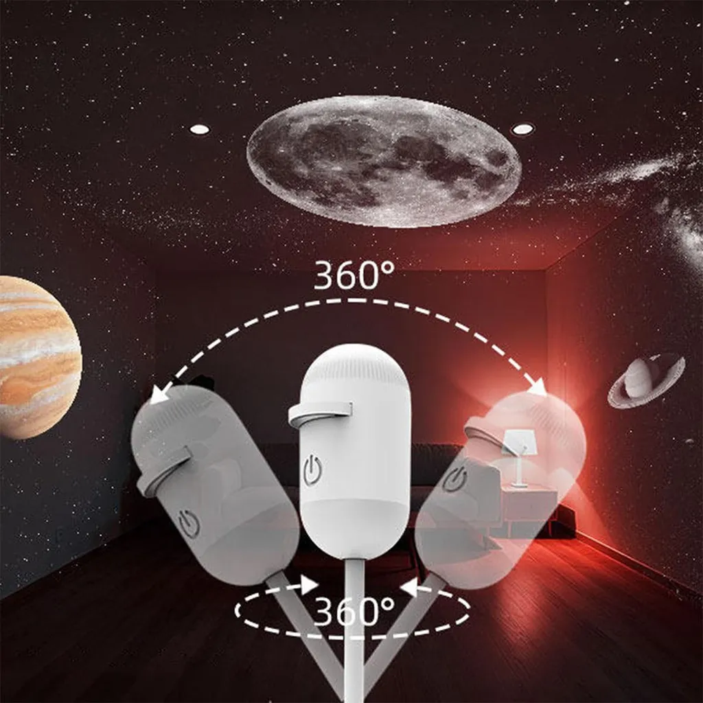 Ein weißer 360-Grad-Rotationsprojektor zeigt Sterne und Planeten in einem Raum.