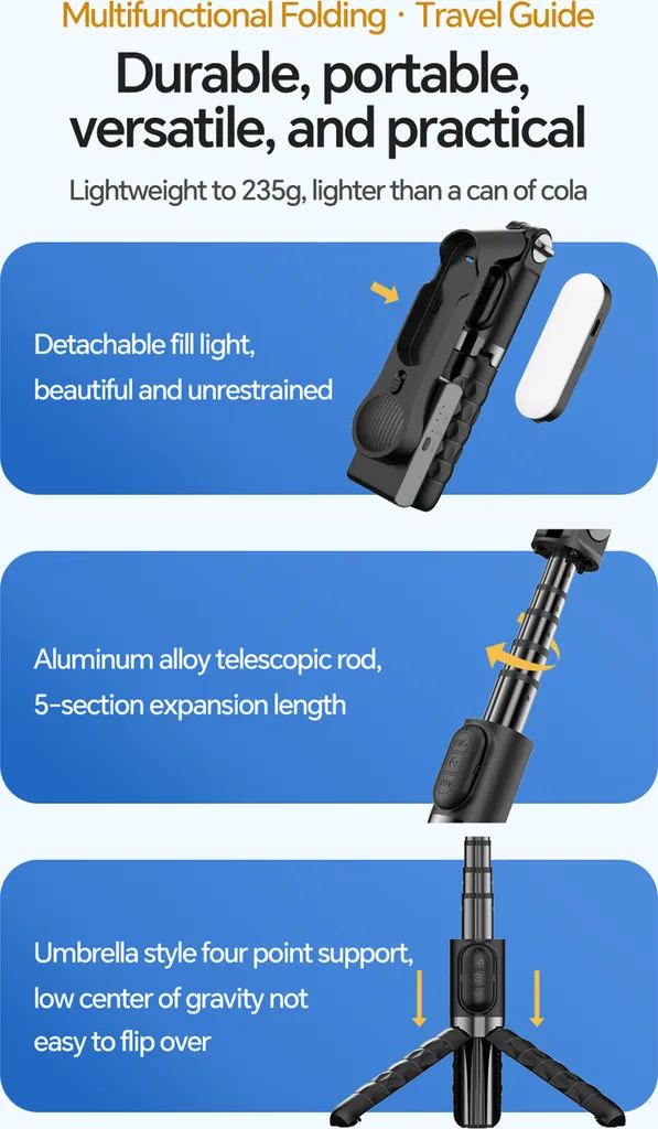 Produktwerbung für einen faltbaren Selfie-Stick mit Aufhelllicht, Teleskopstange und stabilem Stativ.