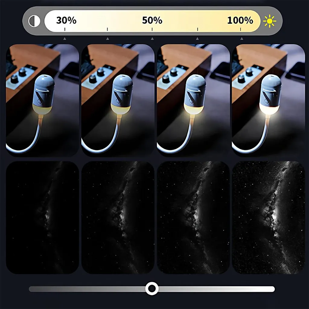 Vergleichsbilder zeigen verschiedene Helligkeitsstufen einer Lampe und den Effekt auf eine Sternenhimmel-Projektion.