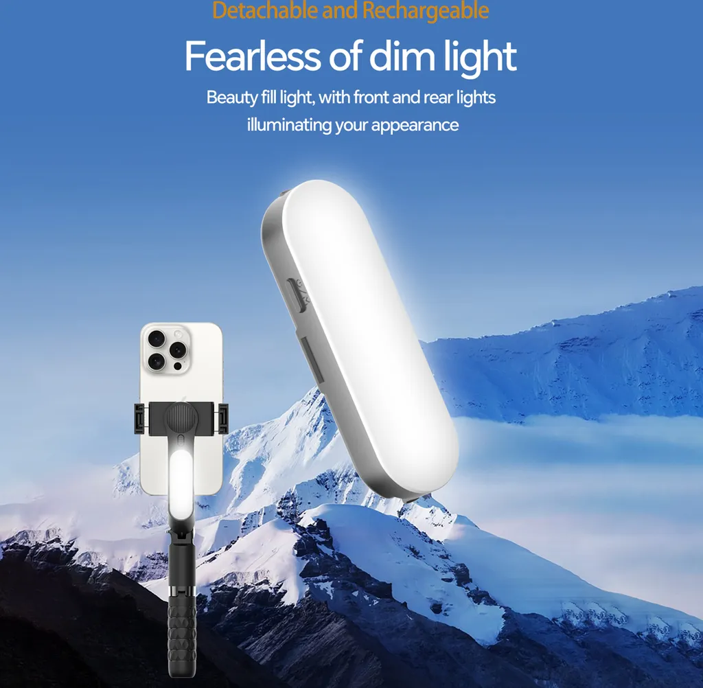 Ein tragbares LED-Fülllicht und ein Smartphone in einer Halterung vor einer schneebedeckten Bergkulisse.