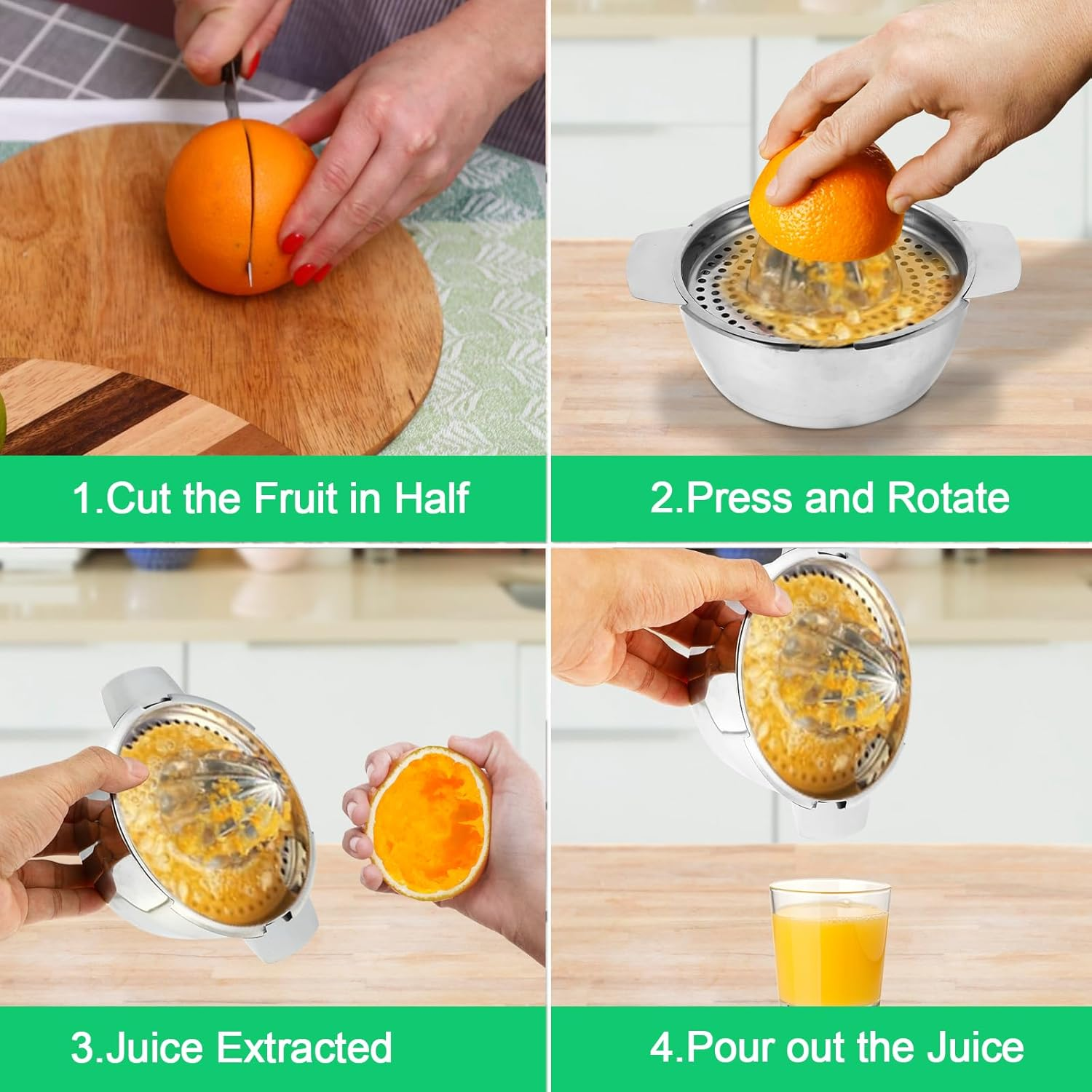Vierteilige Anleitung zum Entsaften einer Orange mit einer Metall-Handpresse.