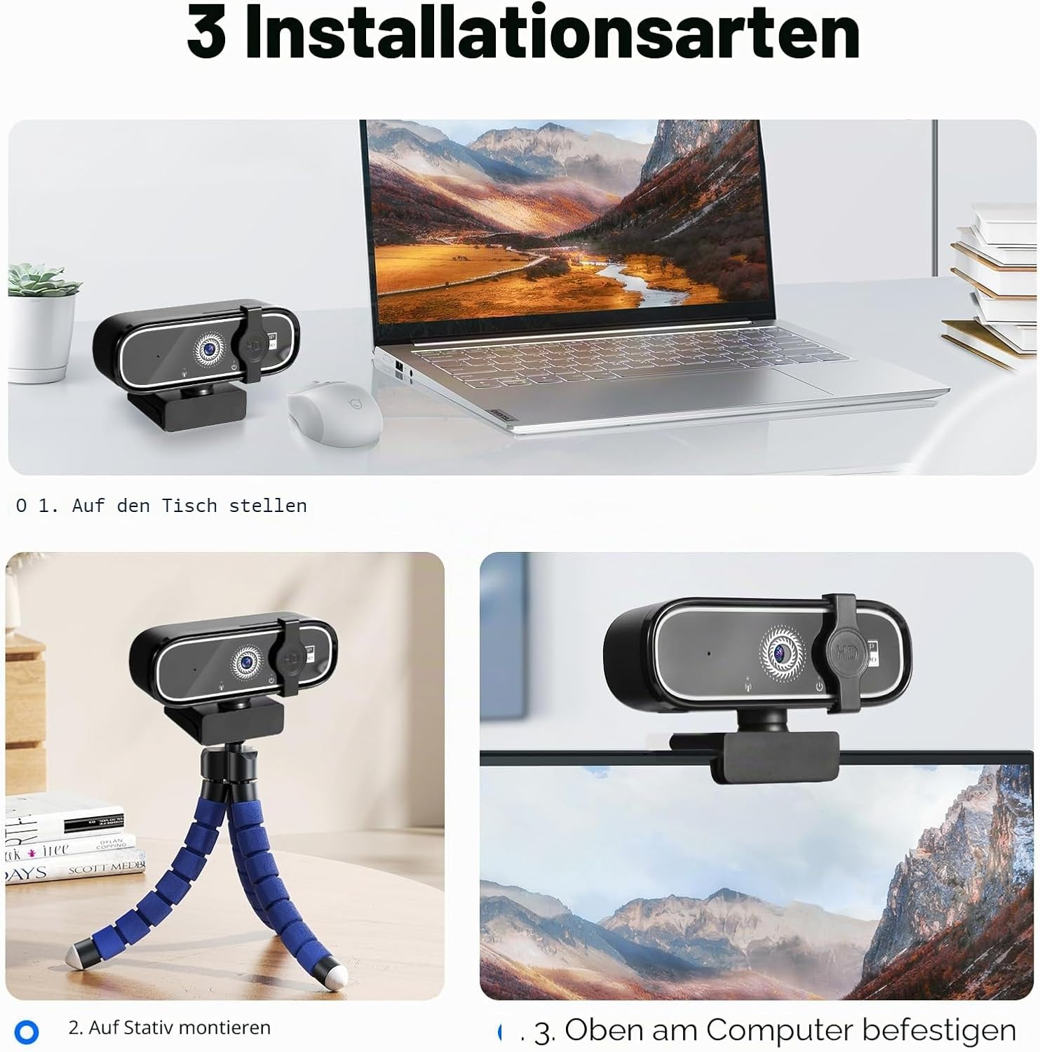 Drei Installationsarten für eine Webcam: auf dem Tisch, auf einem Stativ oder am Monitor befestigt.