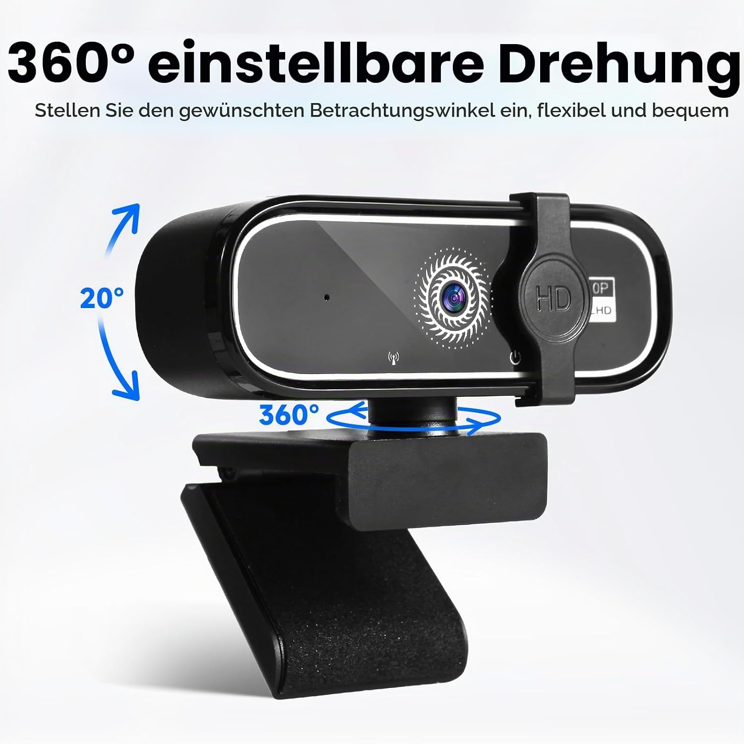 Schwarze HD Webcam mit Clip-Halterung, 360-Grad-Drehung und 20-Grad-Neigung.