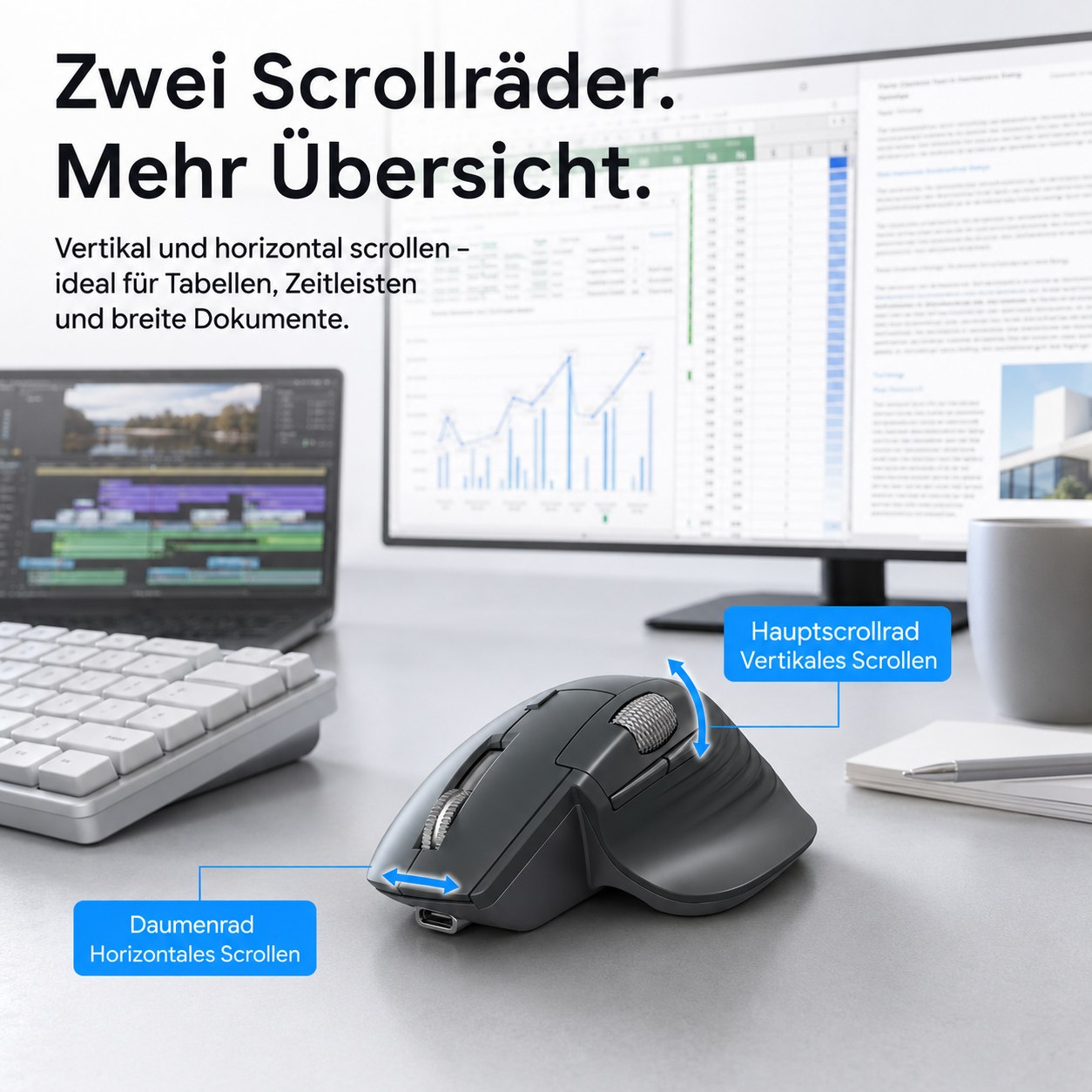 Eine graue Computermaus mit zwei Scrollrädern auf einem Schreibtisch vor Monitoren mit deutscher Textüberlagerung.