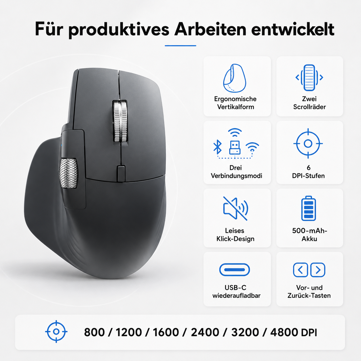 Graue ergonomische Vertikalmaus mit zwei Scrollrädern, Bluetooth, leisen Tasten und USB-C-Akku.