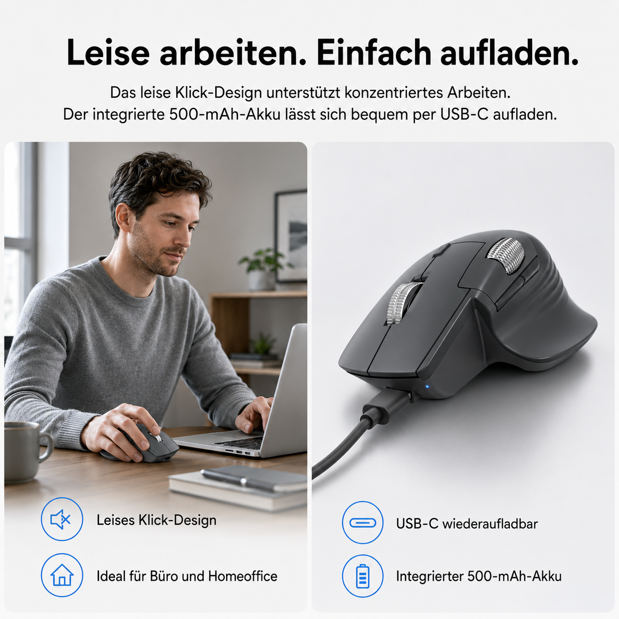 Ein Mann arbeitet an einem Laptop mit einer leisen Funkmaus, die per USB-C geladen wird, mit deutschem Text.
