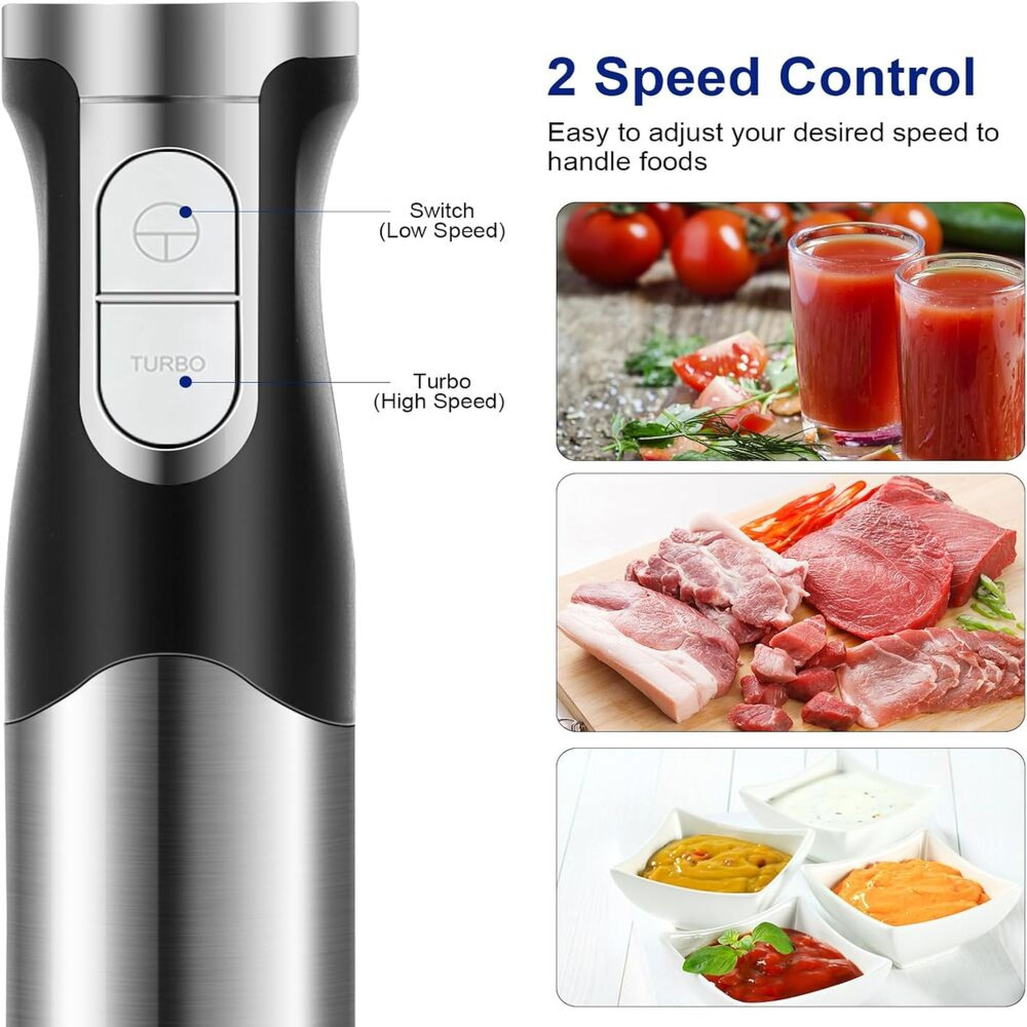 Handmixer mit 2 Geschwindigkeiten für Tomatensaft, Fleisch und Saucen.
