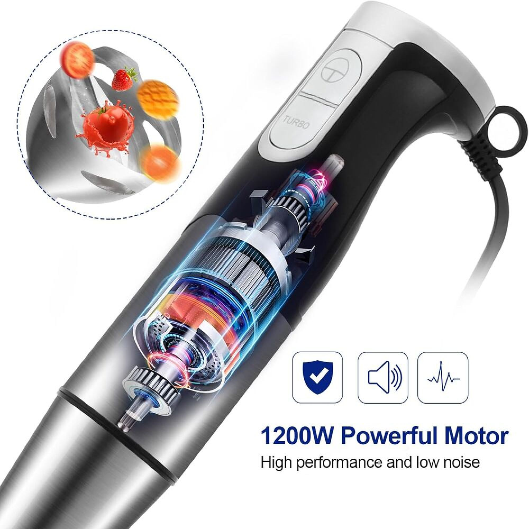 Ein Handmixer mit sichtbarem Kupfermotor, einer Turbo-Taste und einem Inset-Bild, das Früchte beim Mixen zeigt.