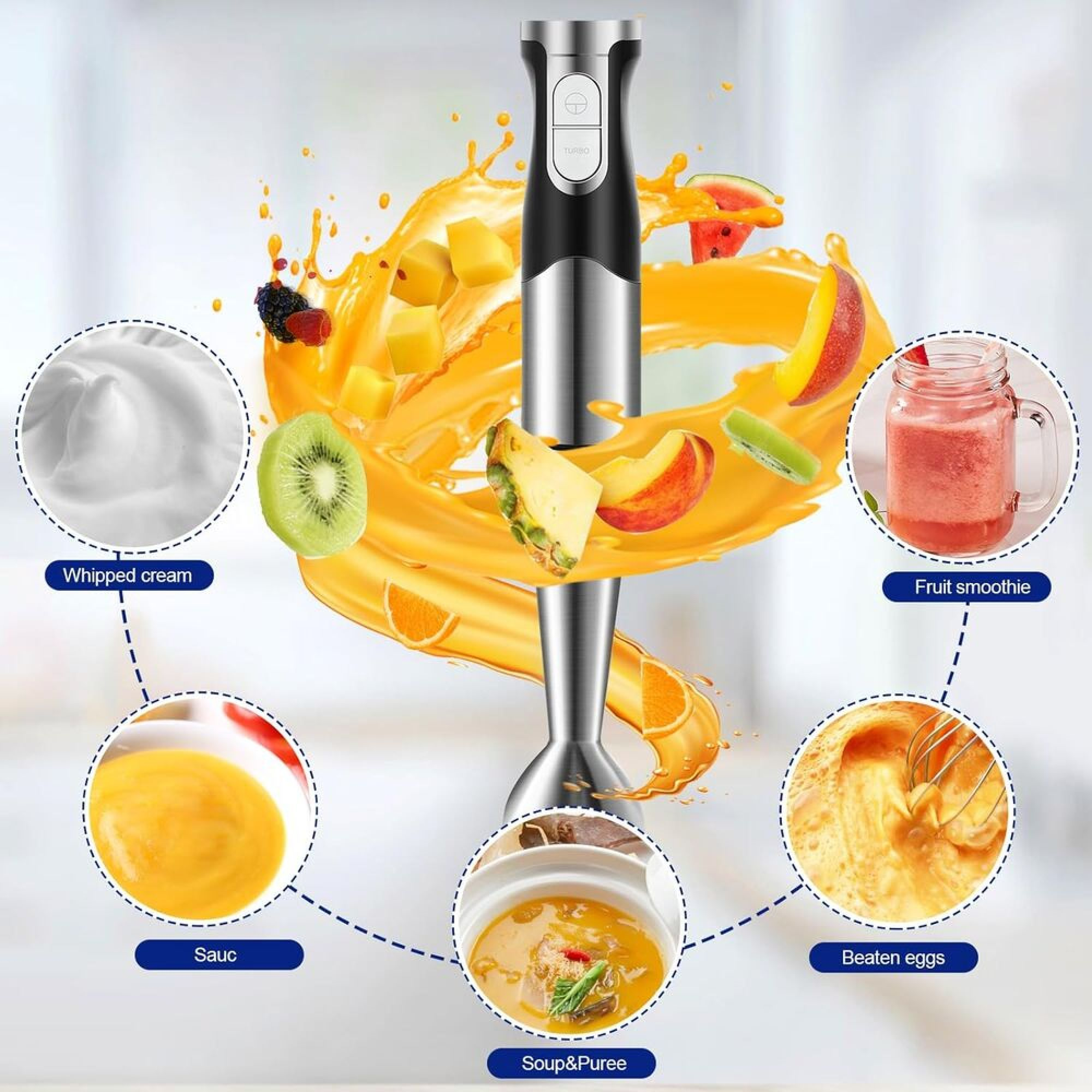 Stabmixer in der Mitte mit tanzendem Fruchtsaft und Beispielen wie geschlagener Sahne, Smoothies und Suppen.
