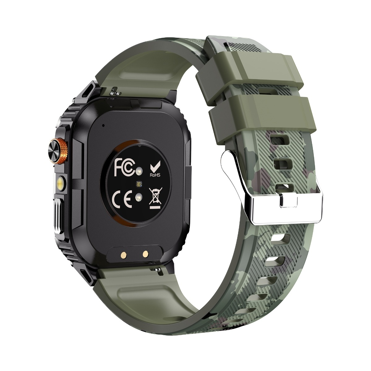 Rückseite einer robusten Smartwatch mit schwarzem Gehäuse, grünem Camouflage-Armband und Sensorik.
