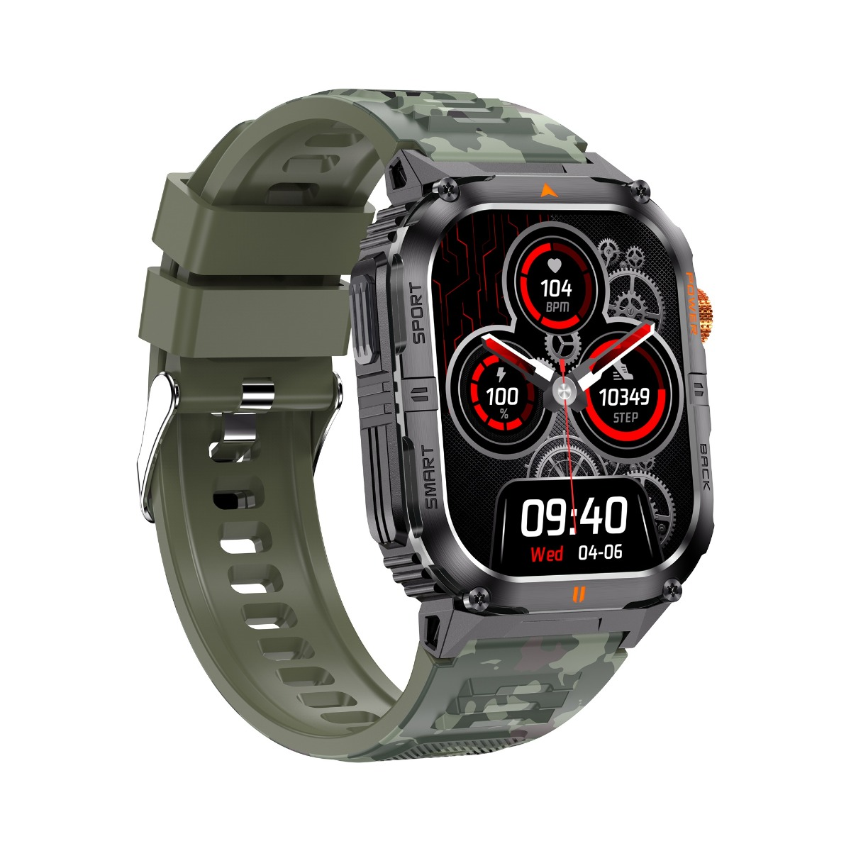 Eine robuste Smartwatch mit schwarzem Gehäuse, grünem Tarnband und einem digitalen Display mit Fitnessdaten.