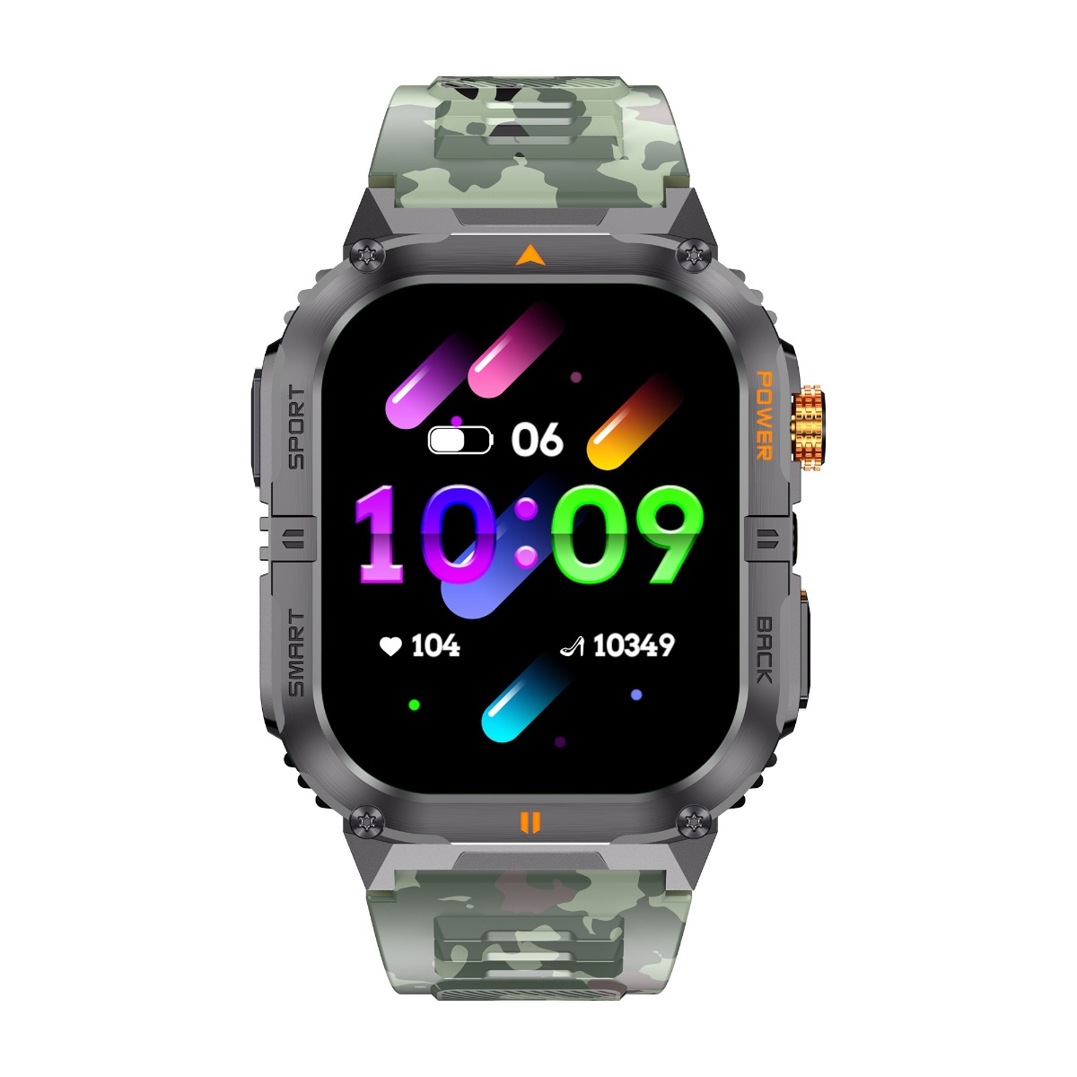 Eine robuste Smartwatch mit einem Camouflage-Armband und einem hellen Display, das die Uhrzeit 10:09 anzeigt.