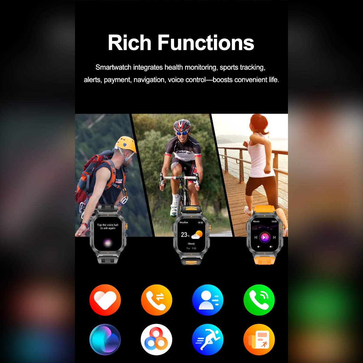 Smartwatch-Funktionen mit Gesundheitsüberwachung, Rad- und Laufbildern über App-Symbolen.