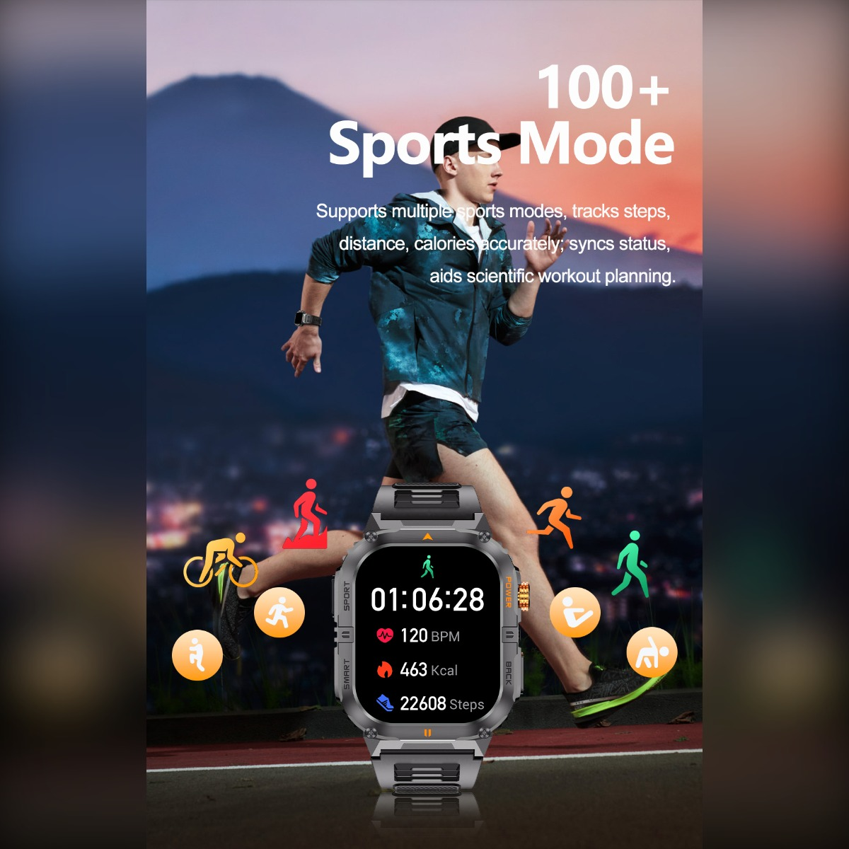 Ein Läufer vor einer Bergkulisse mit einer robusten Smartwatch im Vordergrund, die Fitnessdaten anzeigt.