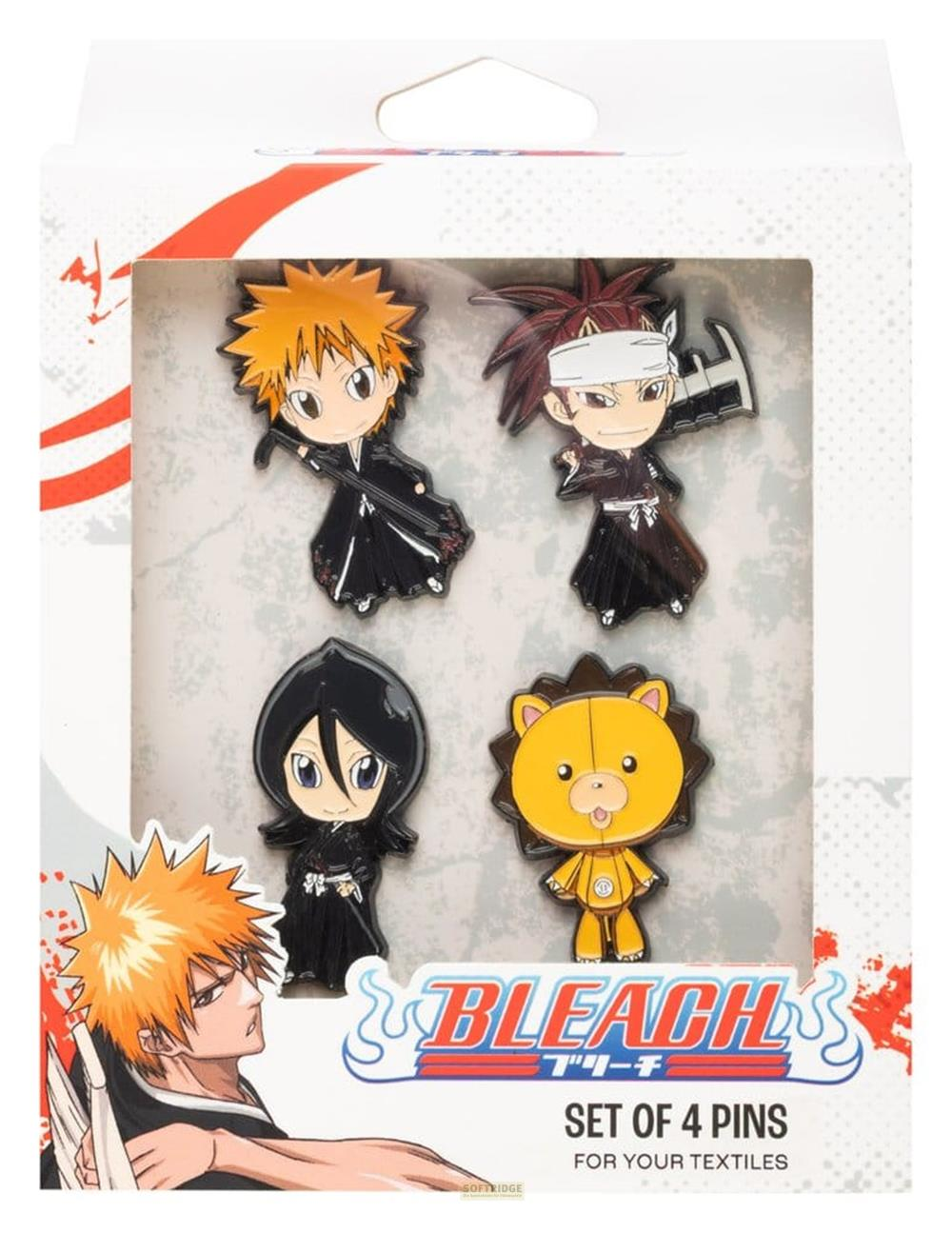 Bleach Pin-Set mit vier Charakteren in einer weiß-roten Verpackung.