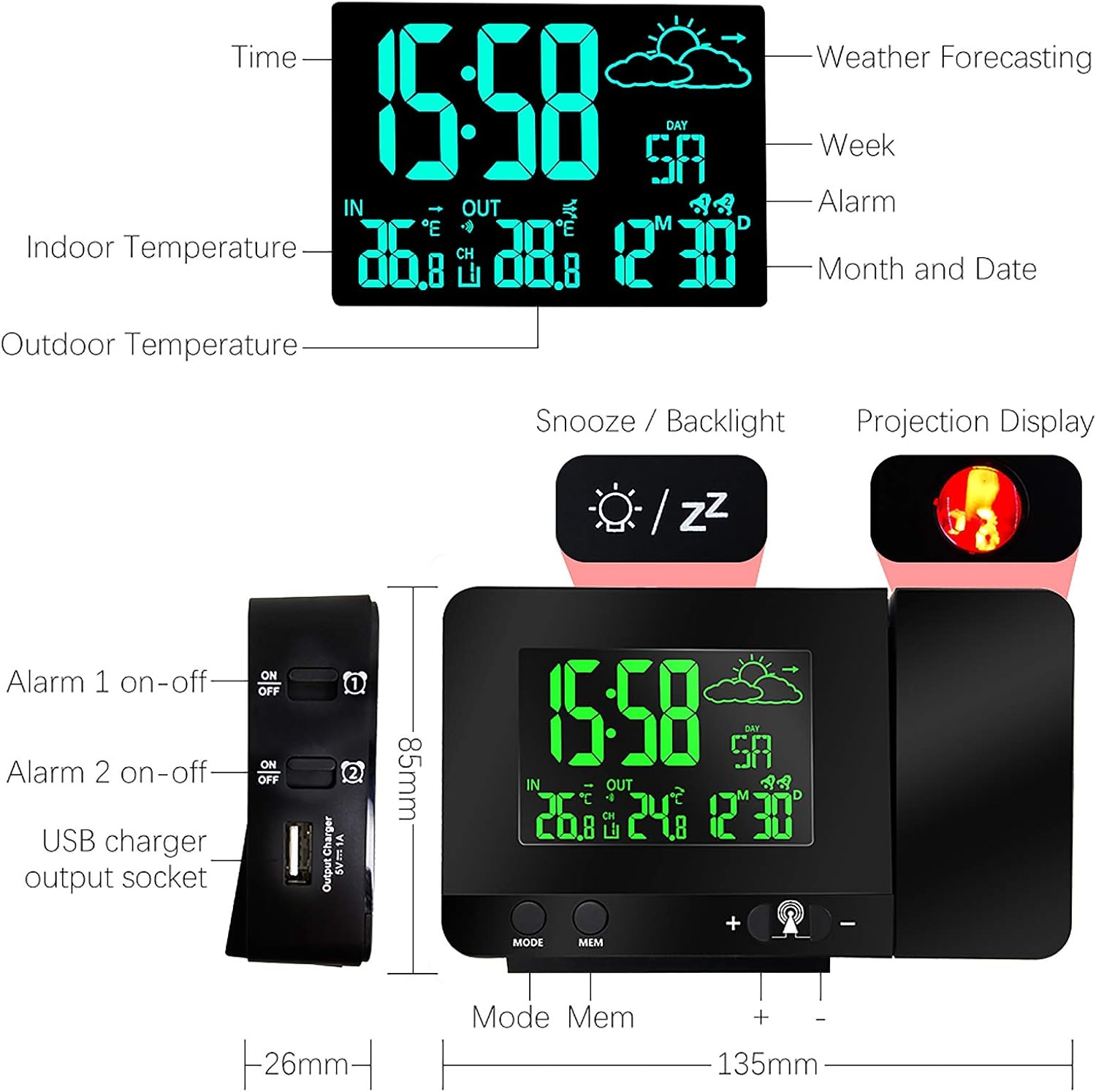 Digitaler Projektionswecker mit grünem Display, Uhrzeit, Innen- und Außentemperatur sowie Wetter.
