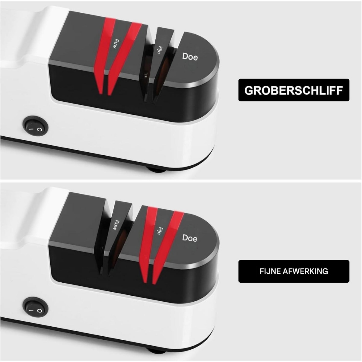 Zwei Bilder eines elektrischen Messerschärfers, die Grobschliff und Feineinstellung zeigen.