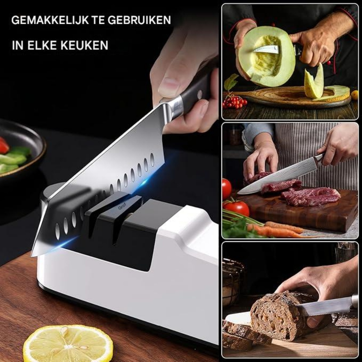 Ein Messer wird in einem Schärfgerät geschärft, daneben verschiedene Kochszenen mit Gemüse, Fleisch und Brot.