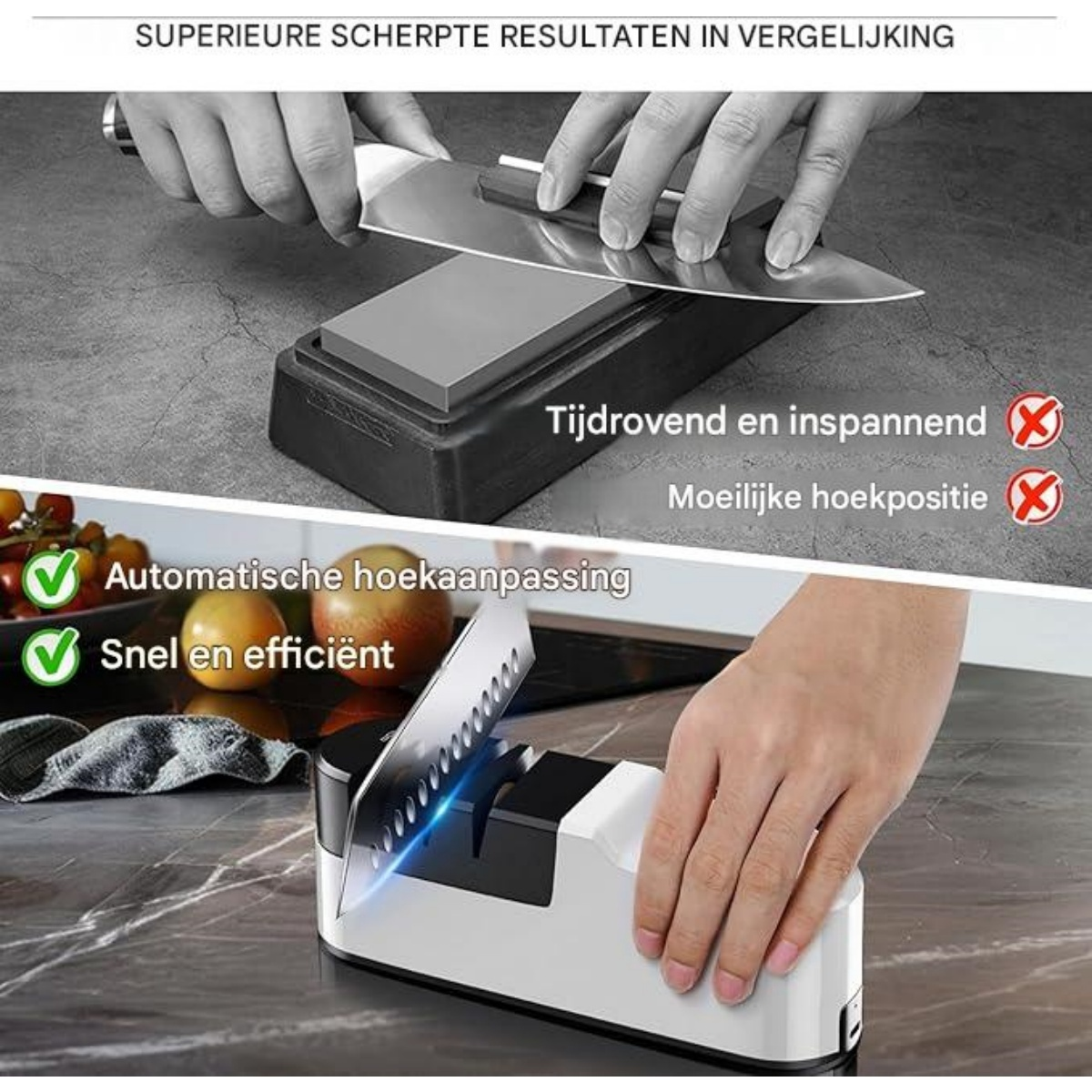 Vergleich des manuellen Messerschärfens mit einem automatischen Schärfer auf einer Theke.
