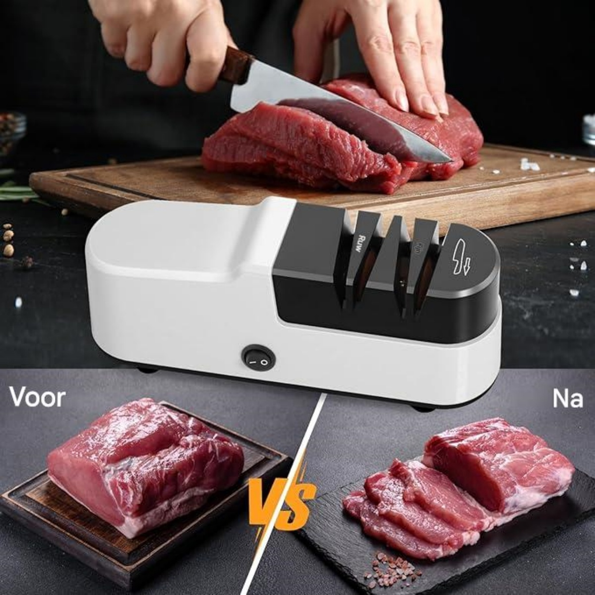 Ein elektrischer Messerschärfer in Weiß und Schwarz, darüber ein Koch, der Fleisch schneidet.