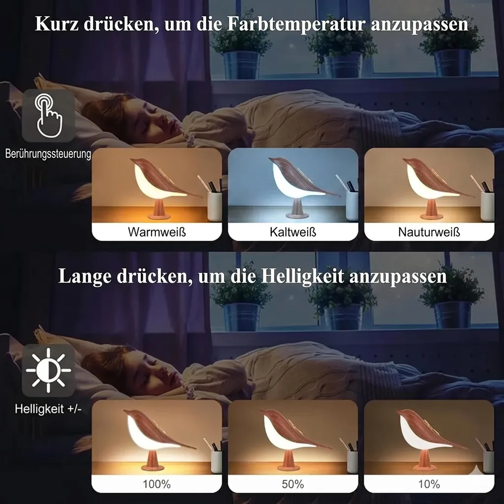 Anleitung zur Steuerung von Farbtemperatur und Helligkeit einer vogelformigen Lampe.