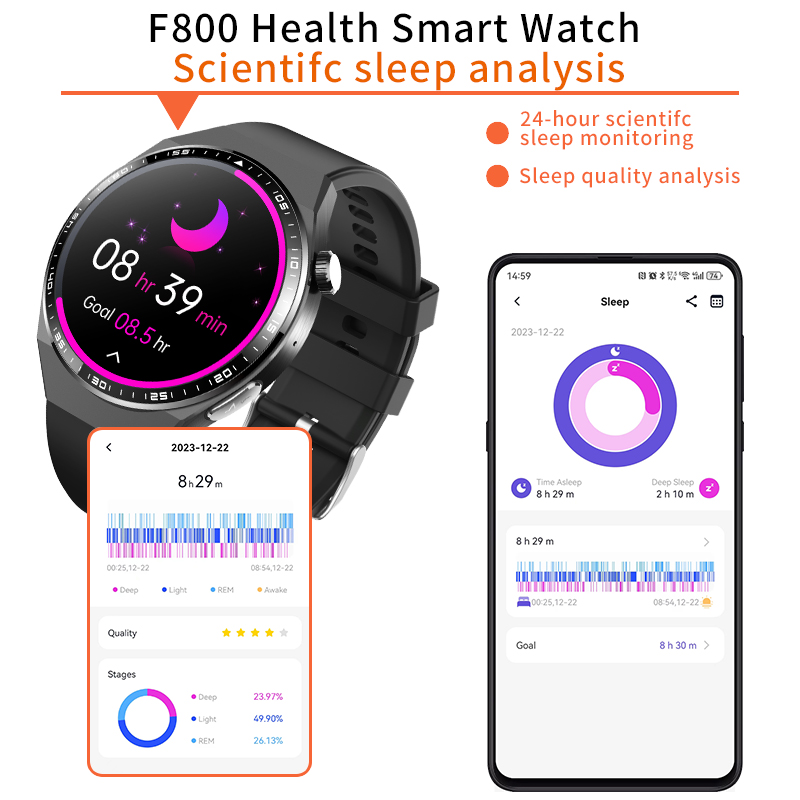F800 Smartwatch und Smartphone zeigen Schlafanalyse-Daten und Diagramme.